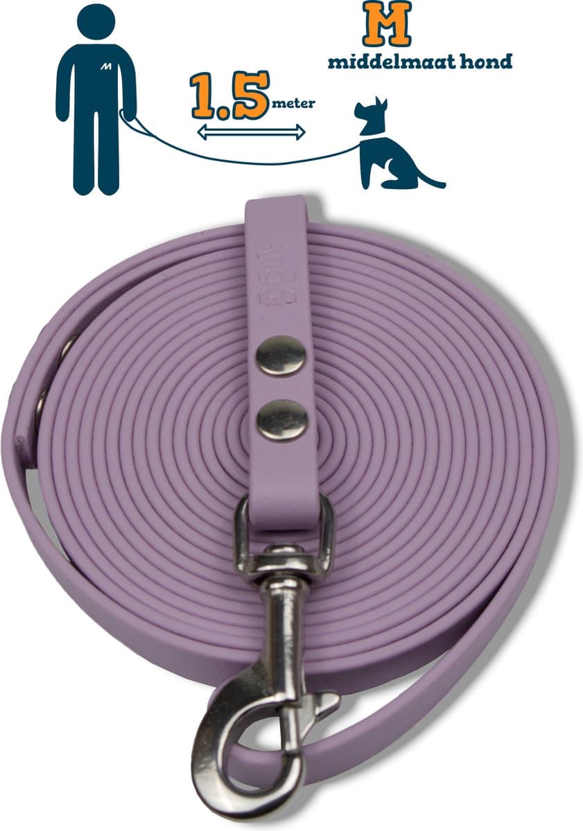 Miqdi hondenriem - BioThane ® - lila - 1.5 meter lang - 13 mm breed - M - middelmaat hond