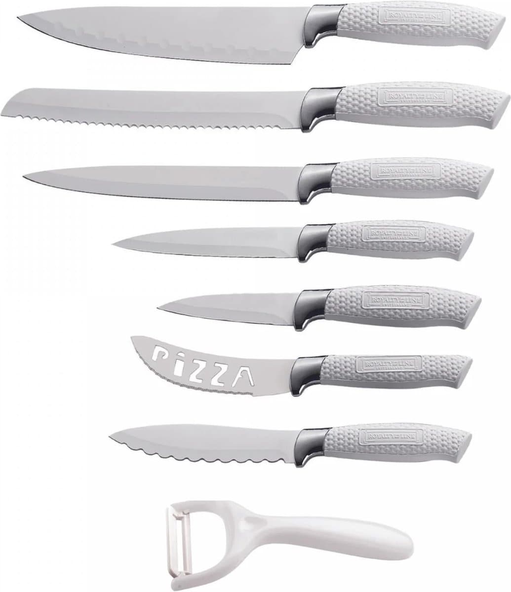 Royalty Line® WHT7W Messenset - 8 Delig Keukenmes - RVS Koksmessen Set - Keuken Messenset - Keukenset - Antiaanbaklaag - Wit