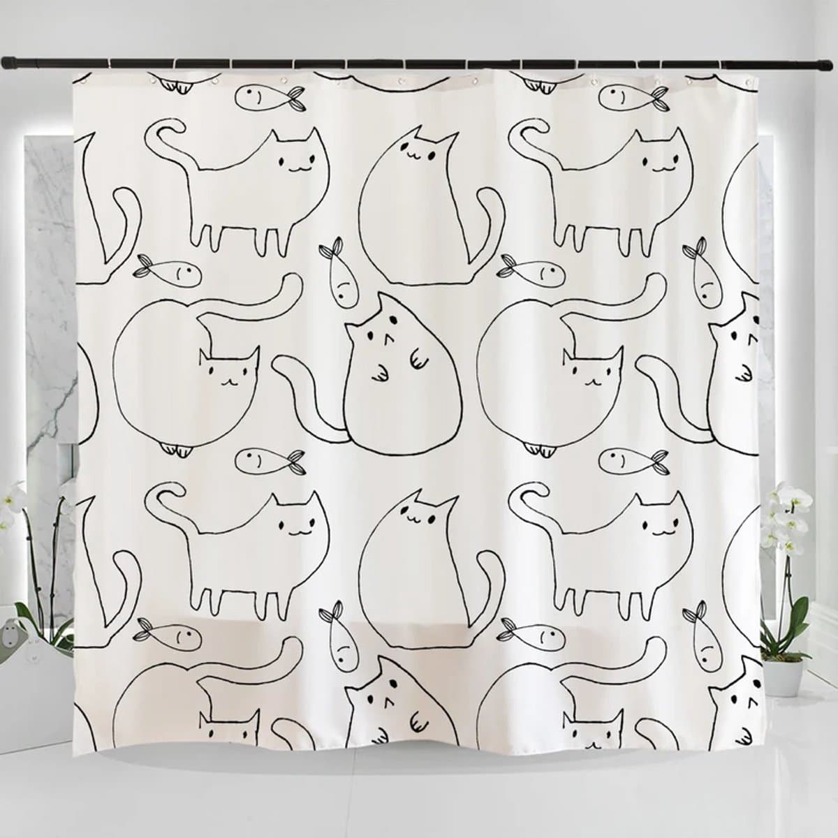 Floraweg Floraweg Douchegordijn,Shower Curtain,badgordijn,badkamergordijn,Volledige printen,Lijn Kattenportret ,digitale printen -Anti Schimmel - Inclusief 12 ringen -met 12 stuks douchegordijnhaken – Waterdicht -Wasbaar- Polyester - 180x200 cm