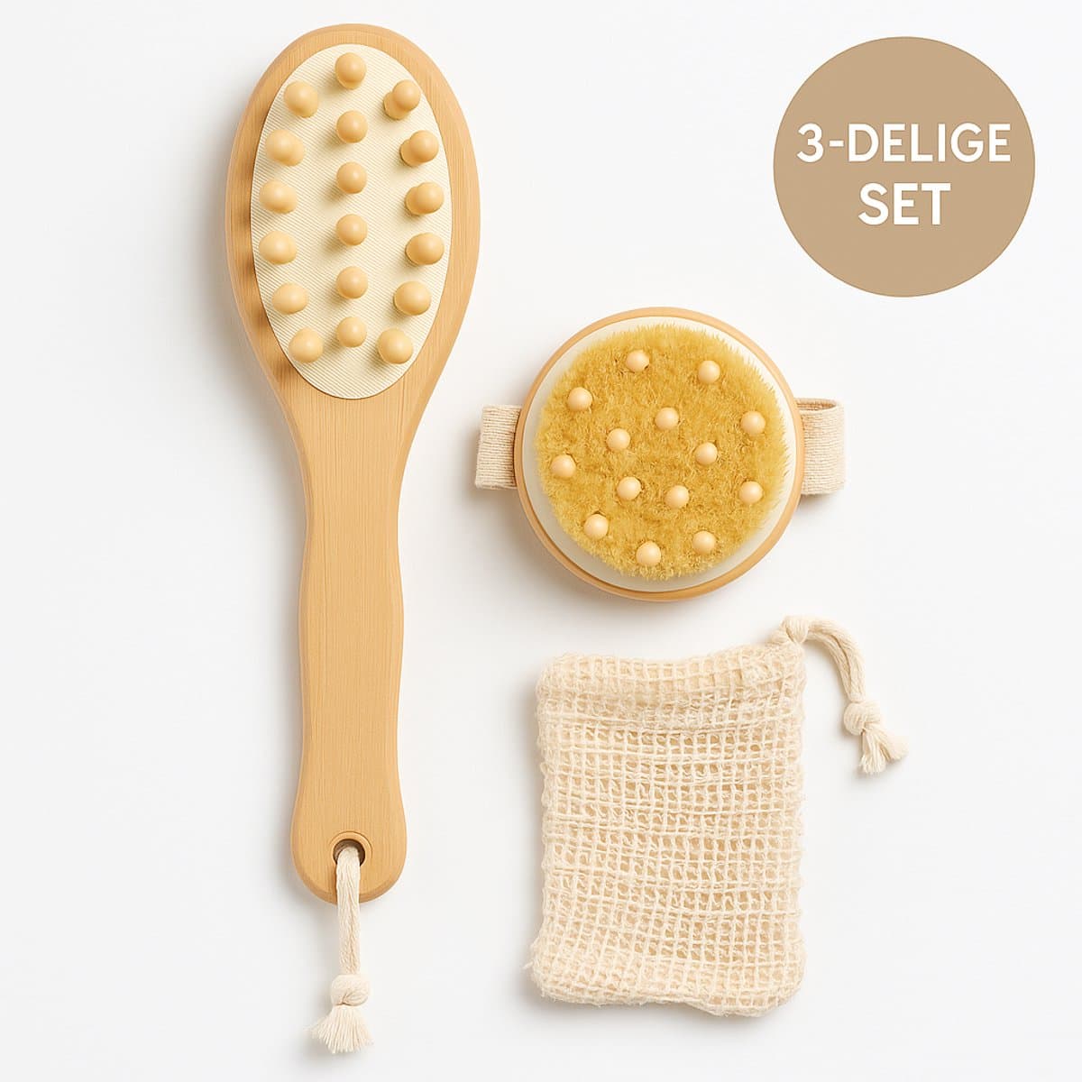 Droogborstel set 3-delig - bamboe sisal lichaamsborstel - rugborstel met lange steel - handborstel met handriem - compacte scrubborstel - dry brushing exfoliatie - voor bad en douche