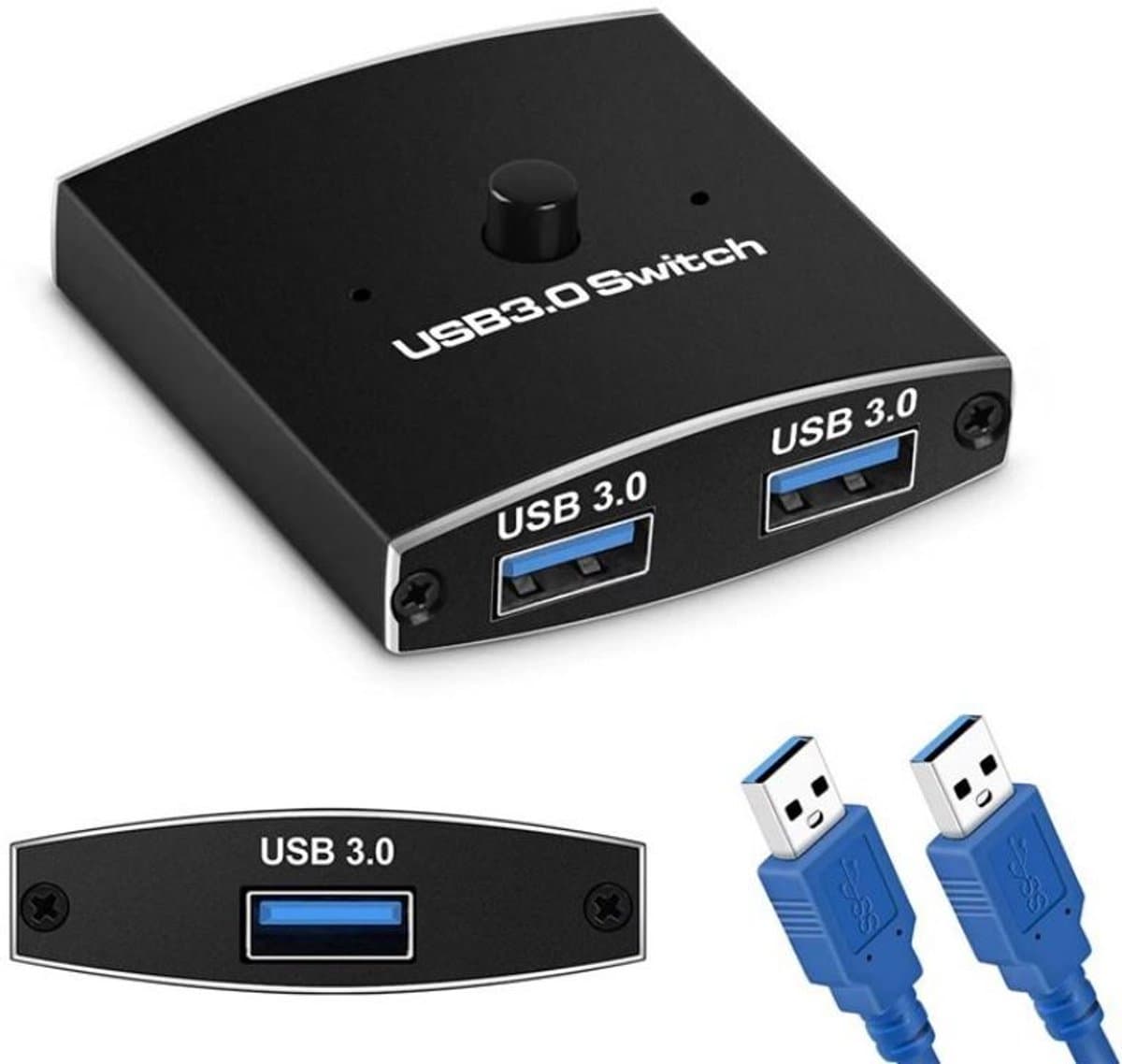 USB 3.0 Bidirectionele Switch - USB 3.0 - 2 x USB 3.0 poorten - Aluminium - Incl. 2X USB kabels - Voor Muis, toetsenbord, printer Handmatige Schakelaar voor PC & Laptop - zwart