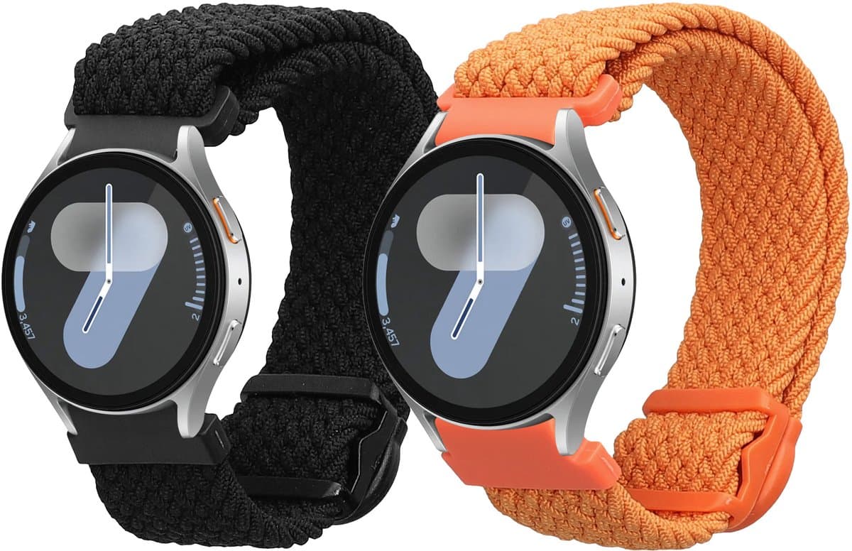 kwmobile Horlogebandjes geschikt voor Samsung Galaxy Watch 4 / 5 / 6 Galaxy Watch 7 / FE - 2 x Nylon Smartwatch bandje in zwart / oranje.