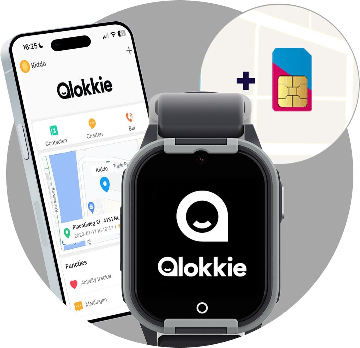 Qlokkie Kiddo Lite - GPS horloge kind - Smartwatch kinderen - GPS tracker kind met nauwkeurige locatiebepaling - GPS horloge kind met simkaart - Stel veilige zones in - SOS functie - Zwart
