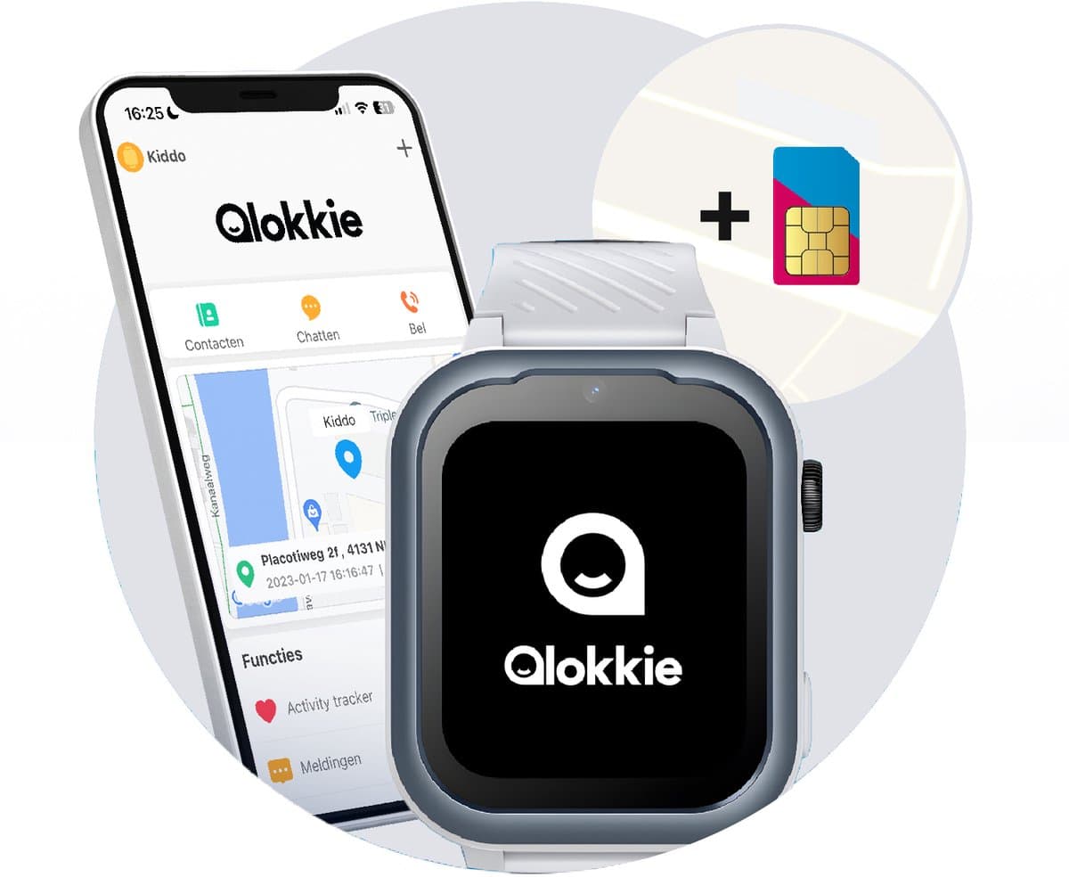 Qlokkie Kiddo Pro - GPS horloge kind - Smartwatch kinderen - GPS tracker kind met nauwkeurige locatiebepaling - GPS horloge kind met simkaart - Stel veilige zones in - SOS functie - Whatsapp - Grijs