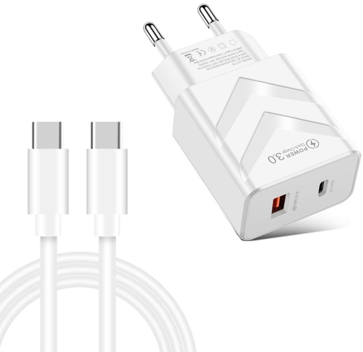 20W Snellader - PD 3.0 + QC 3.0 Dual-Port Reislader - Incl. 1 meter USB-C naar USB-C kabel - Compacte Adapter Lader - USB-C + USB-A - wit