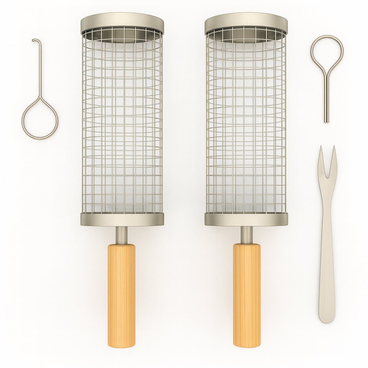 BBQ grillmand set van 2 - rollende grillcilinder 20 cm + 19 cm - RVS met houten handvat - inclusief vork en haken - voor groenten, friet en vis - gas, houtskool en kamado