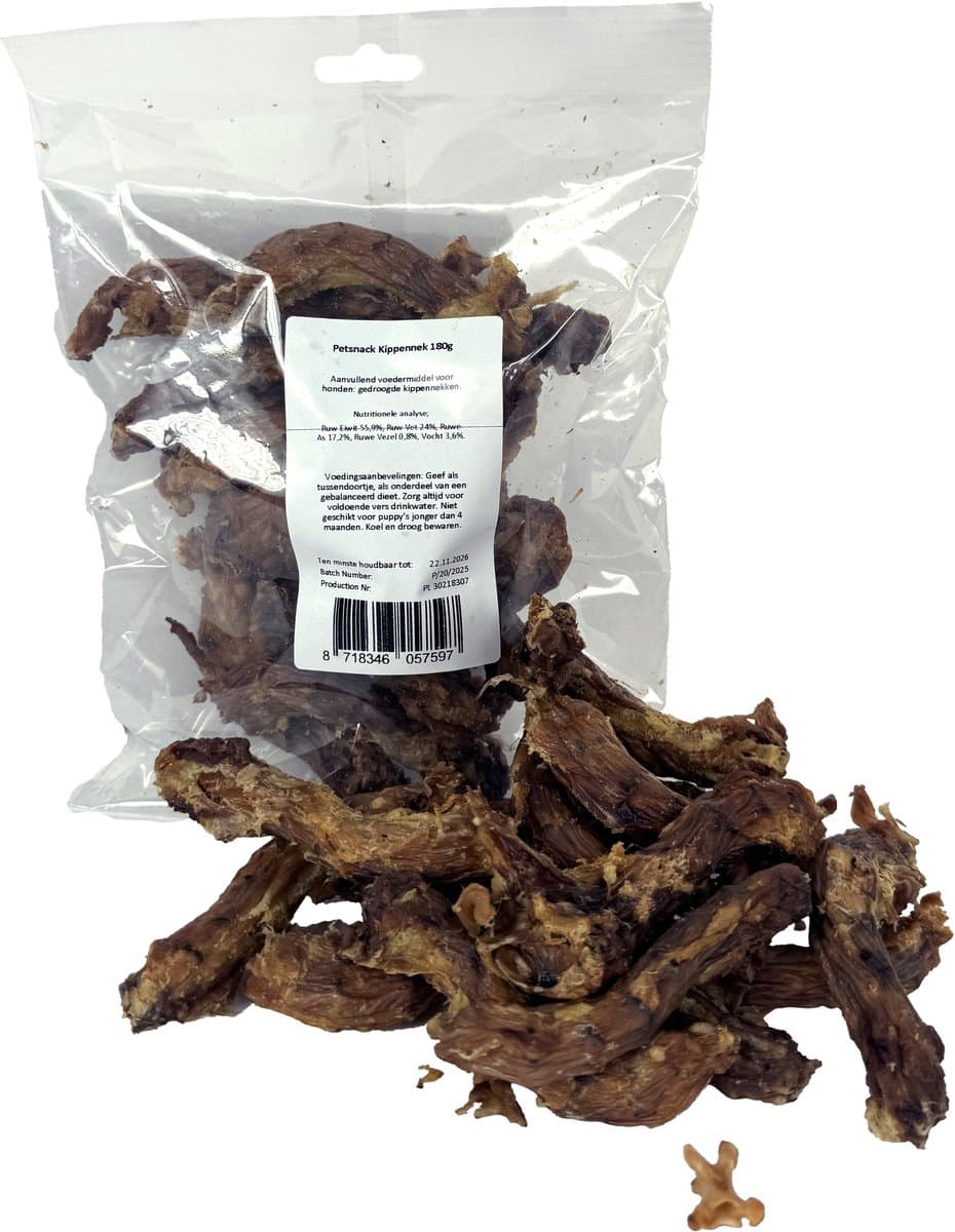 Petsnack Kippennek - Natuurlijke Kauwsnack Honden - Eiwitrijk, 180 gram