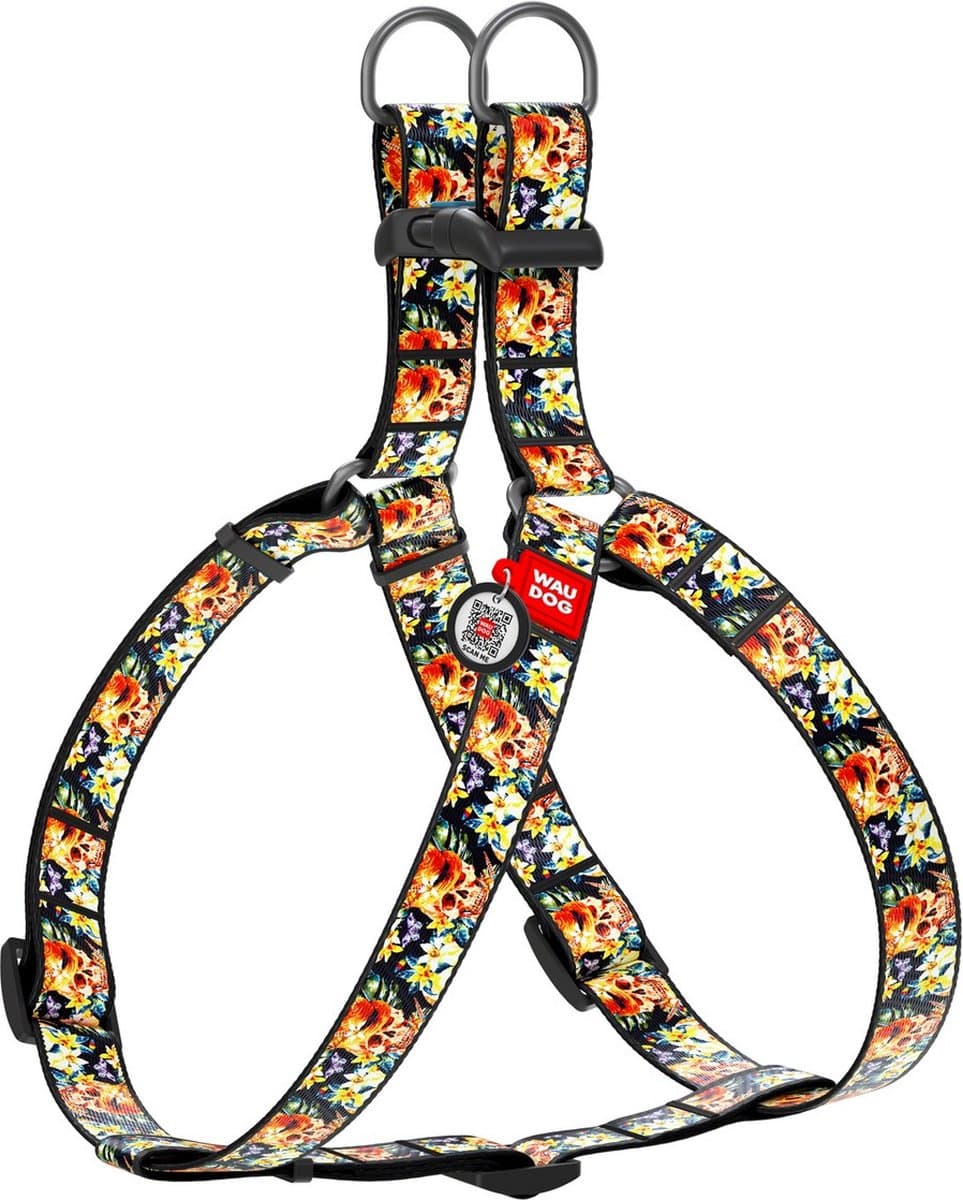WAUDOG Glamourous Skulls Harnas / Hondentuigje - Nylon - Gratis QR-tag - Breedte: 15 mm - Borstomtrek: 40 - 55 cm (GELIEVE ALVORENS BESTELLEN OPMETEN)