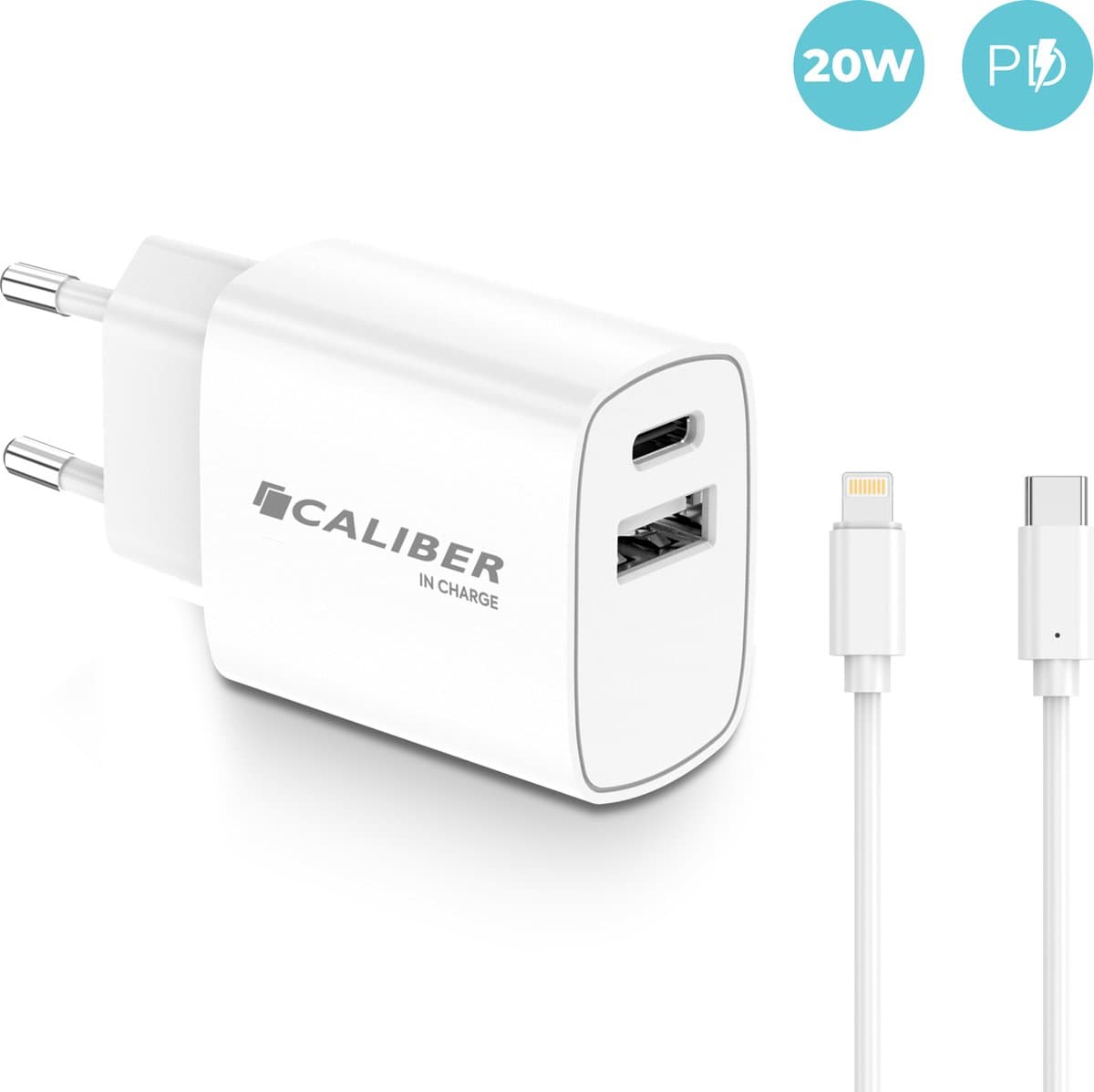 USB C Adapter - Snellader - 20 Watt - Adapter - Lightning USB kabel - Geschikt voor Smartphones - USB C en USB Adapter - Wit (PSPQ-20CLW)