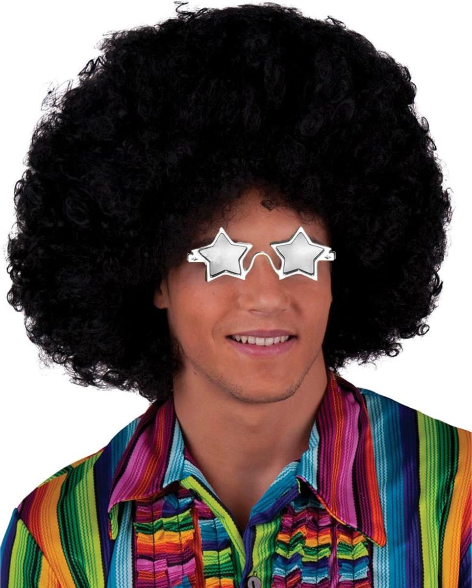 Carnaval verkleed afropruik - zwart - krullen - heren - Seventies/Disco thema - met ster zonnebril