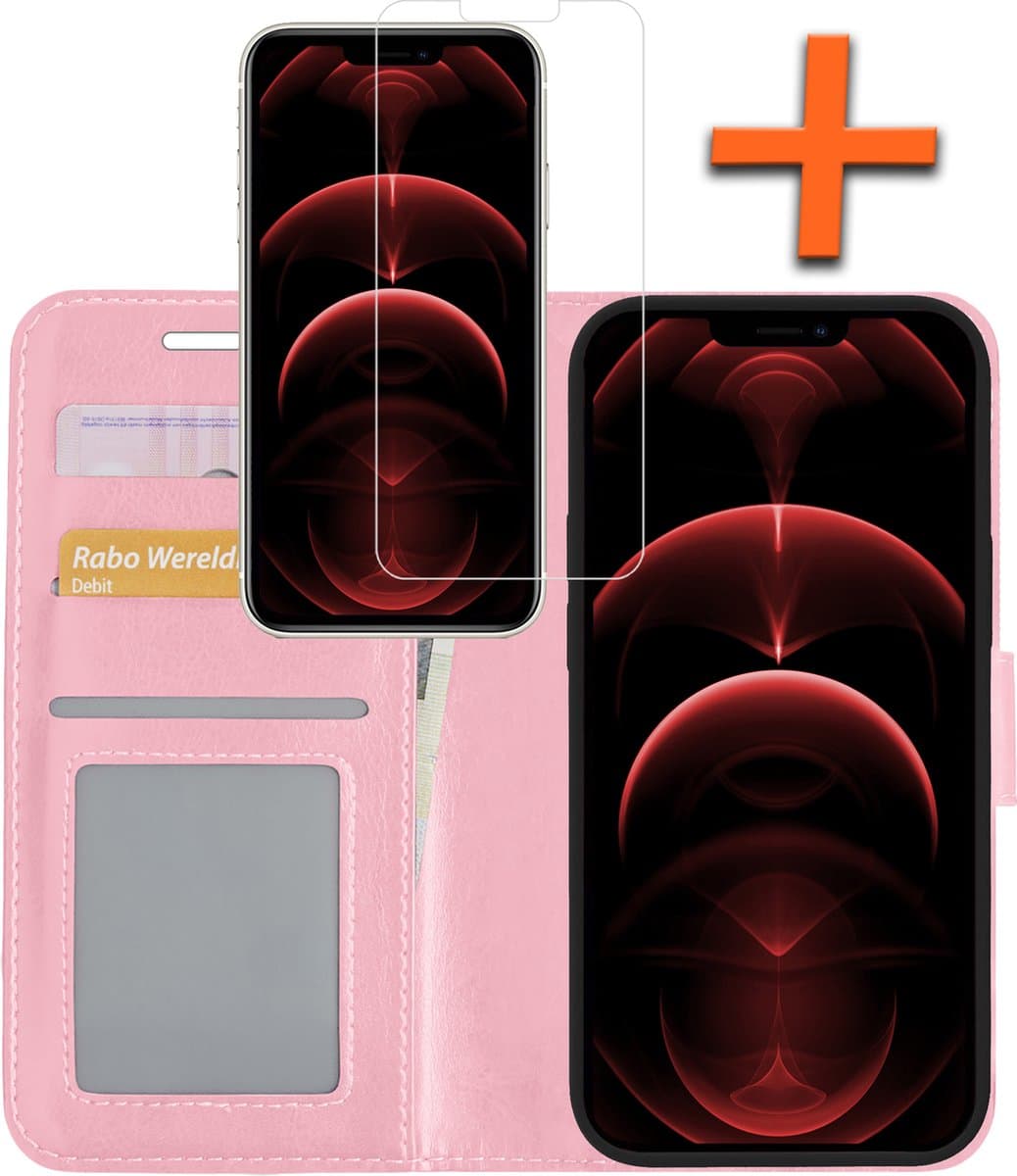 Hoes - Met Screenprotector - Geschikt voor Apple iPhone 14 - Luxe Pasjeshouder - Bookcase Portemonee - Flip Case - Kunstleer Book Case - Flipcase - Book Cover - Walletcase - PortemonneeHoes - Lichtroze