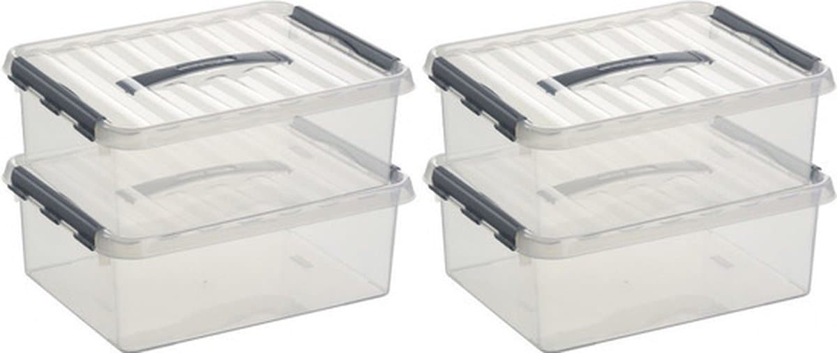 12x sunware q-line opberg box/opbergdoos - 12 liter - 40 x 30 x 14 cm - kunststof - opslagbox - transparant/zilver