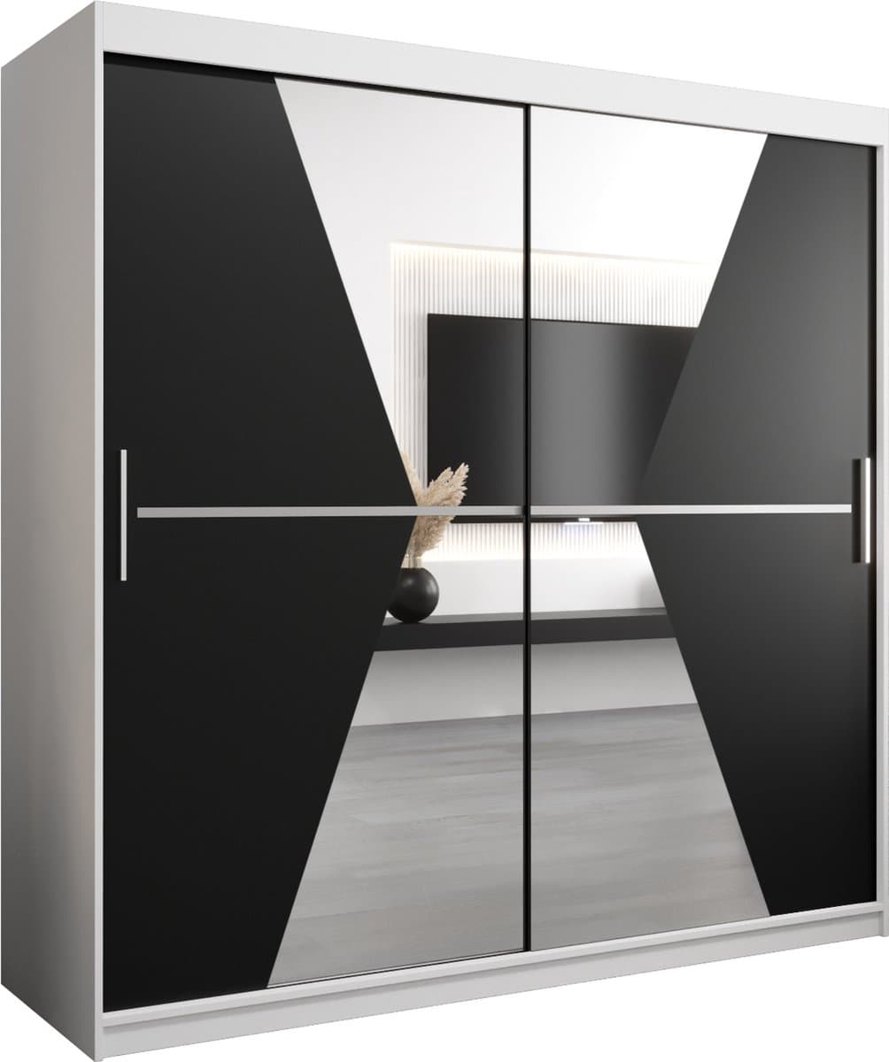 InspireMe - Kledingkast met 2 schuifdeuren, Modern-stijl, Een kledingkast met planken en een spiegel (BxHxD): 200x200x62 - TOTO 200 Wit Mat + Zwart met 4 lades