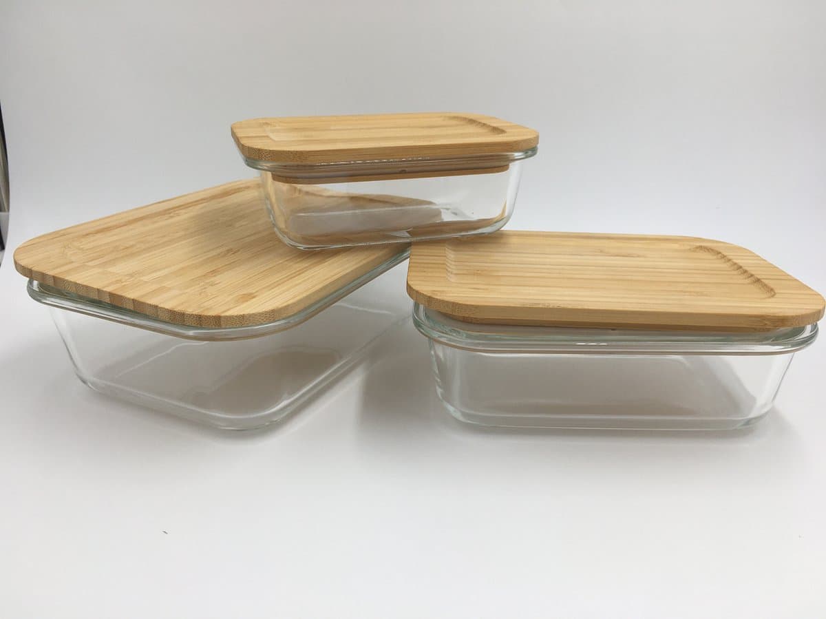 Glazen voorraad/vershout bakjs, set van 3, bamboe deksel