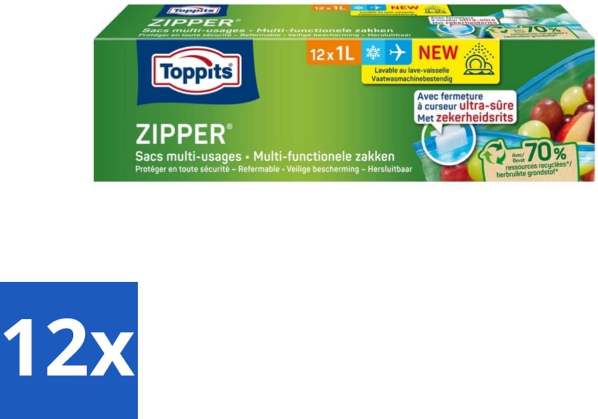 12 x Toppits – Zipper Multifunctionele Zakken – 1 Liter – 12 Zakjes - Zipper Zakken - Lekken - Voedsel Bewaren - Restjes Opbergen - Snacks
