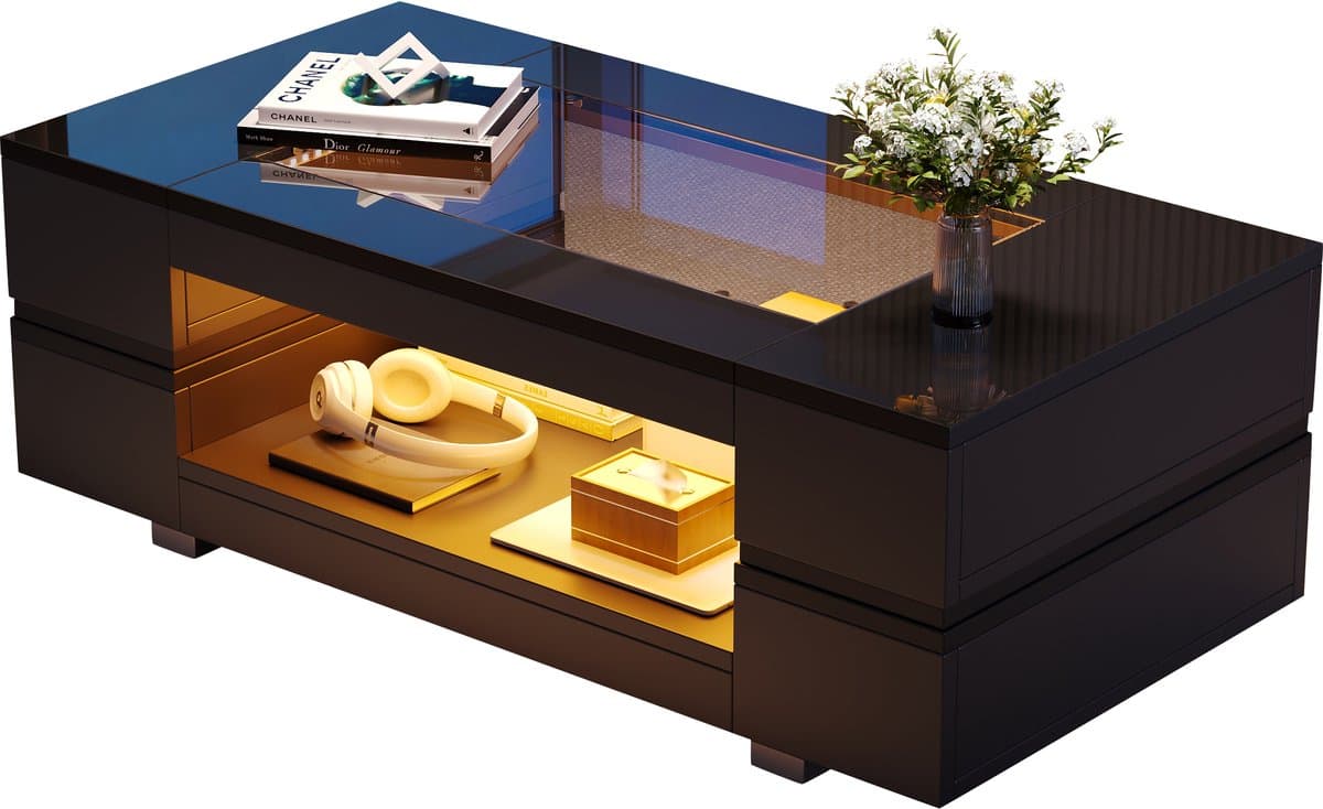 Led salontafel - Moderne salontafel - App bediening - Dubbellaagse opbergruimte - Hoogglans - Woonkamer - 100x50x35 cm - Zwart