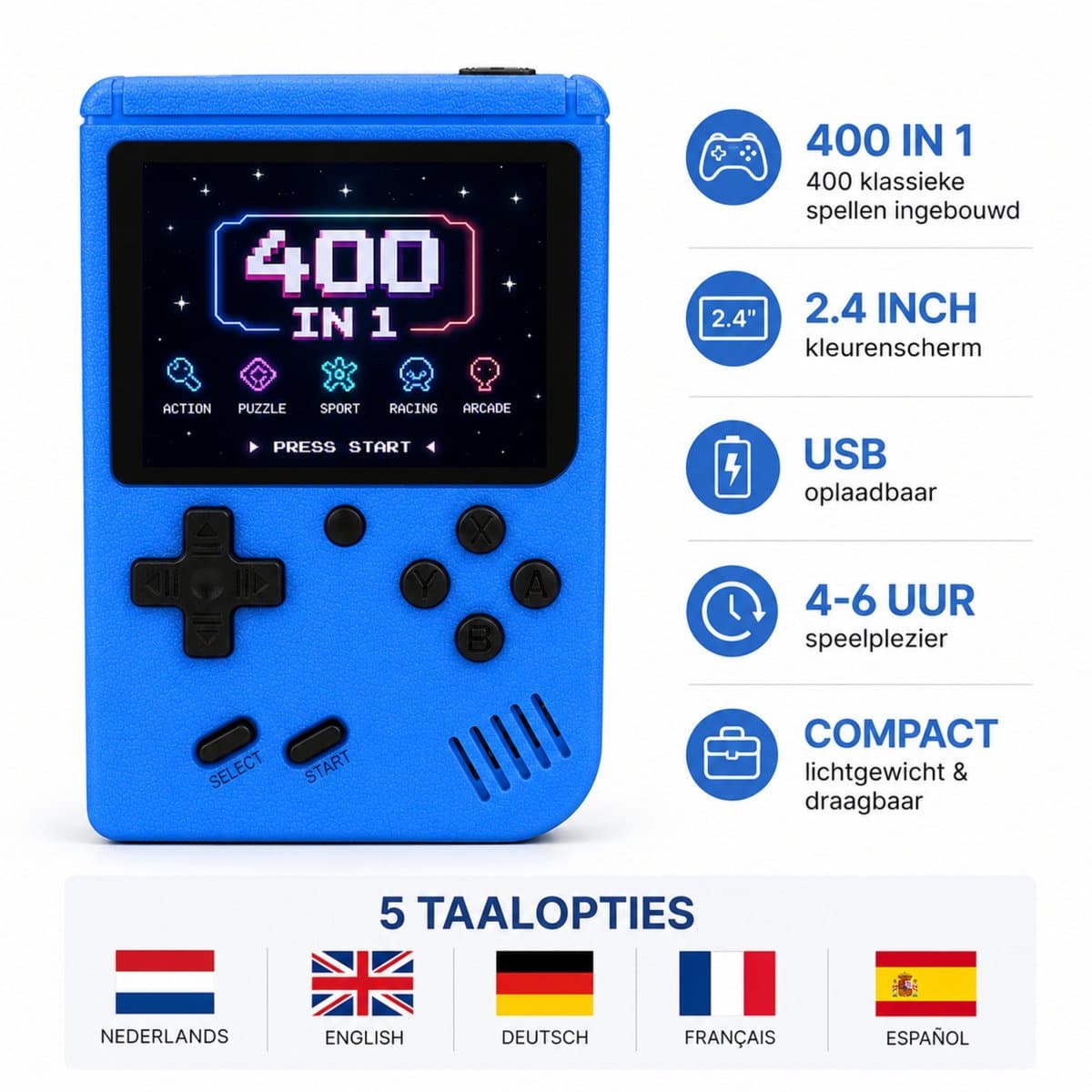 Fivesquare Retro Handheld Game Console – 400 Games Mini Arcade Spelcomputer met 2.4’’ Kleurenscherm – USB Oplaadbaar, Compact Reisspel voor Auto & Vliegtuig – Cadeau voor Jongens/Meisjes & Retro Gamers, Blauw