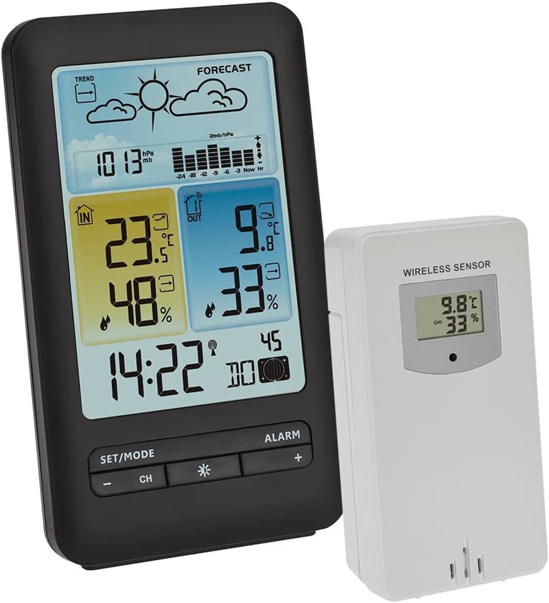 Draadloze Weerstation - Weervoorspeller Binnen Buiten - Weer Monitoren - Luchtvochtigheid Temperatuur - 14.6 x 8.3 cm - Zwart