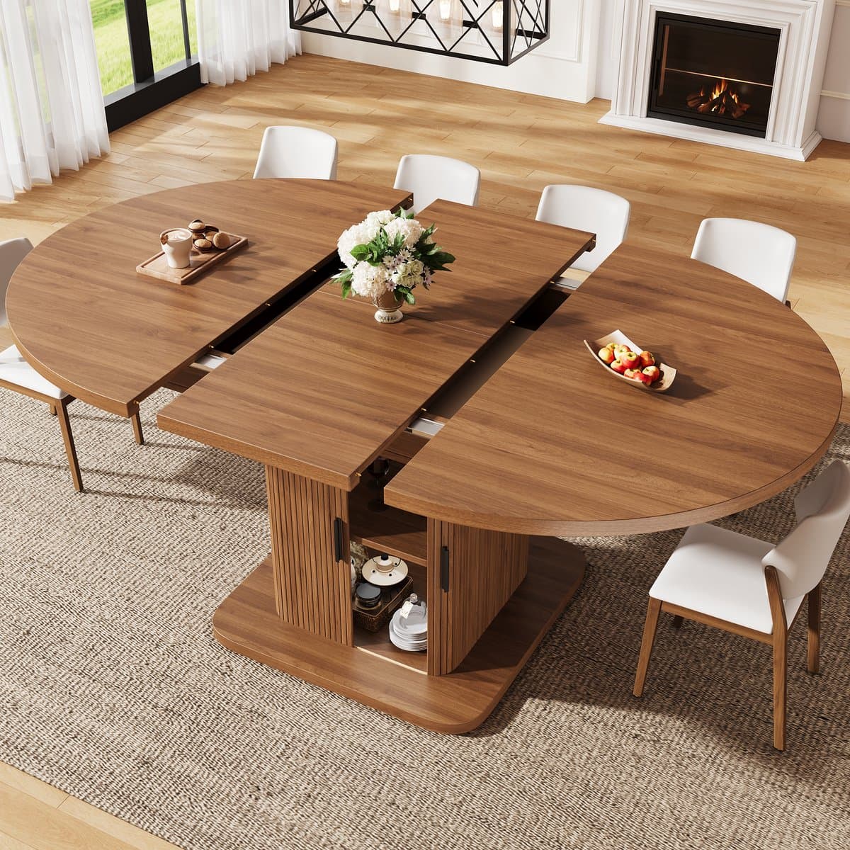 OKWISH Eettafel - Uitschuifbaar Ovaal Tafelblad Met Opbergruimte - 110-149,8 x 110 x 75 cm - Schuifdeuren - MDF Metaal Houtkleur