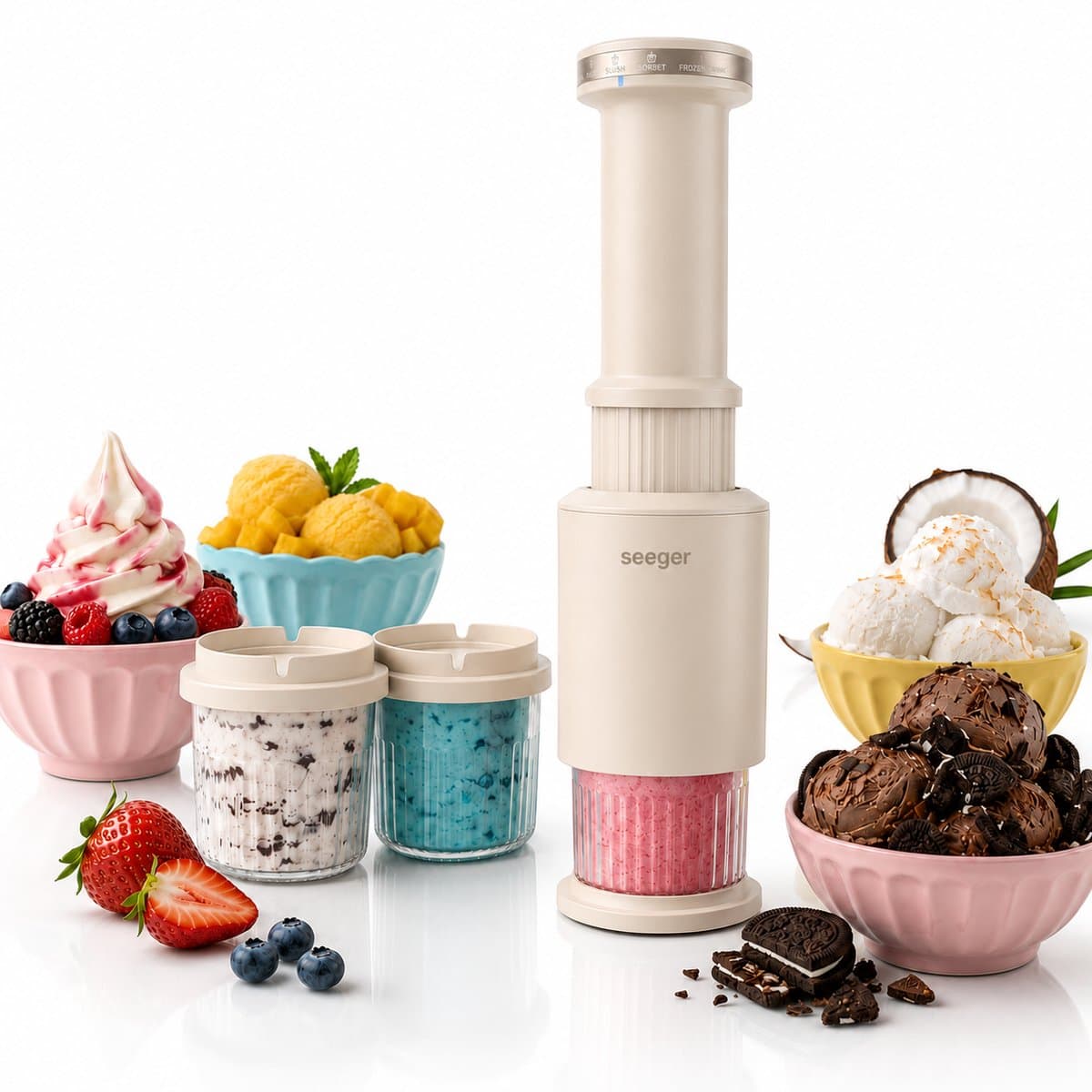 Seeger CompactCream - 5-in-1 IJsmachine - Inclusief 3 Bekers met Deksels - Gemakkelijk op te bergen - Voor IJs, Sorbet en meer - BPA-vrij - Beige