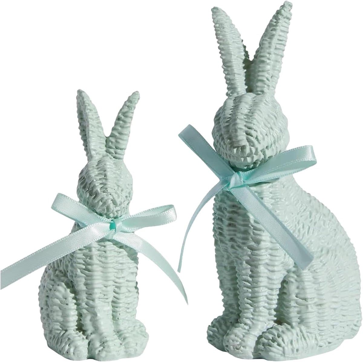 Konijn decoratie - Paasbeeldje ornament - Feestelijke sfeer - Rustieke rotan look - 8x8x16 cm - Groen