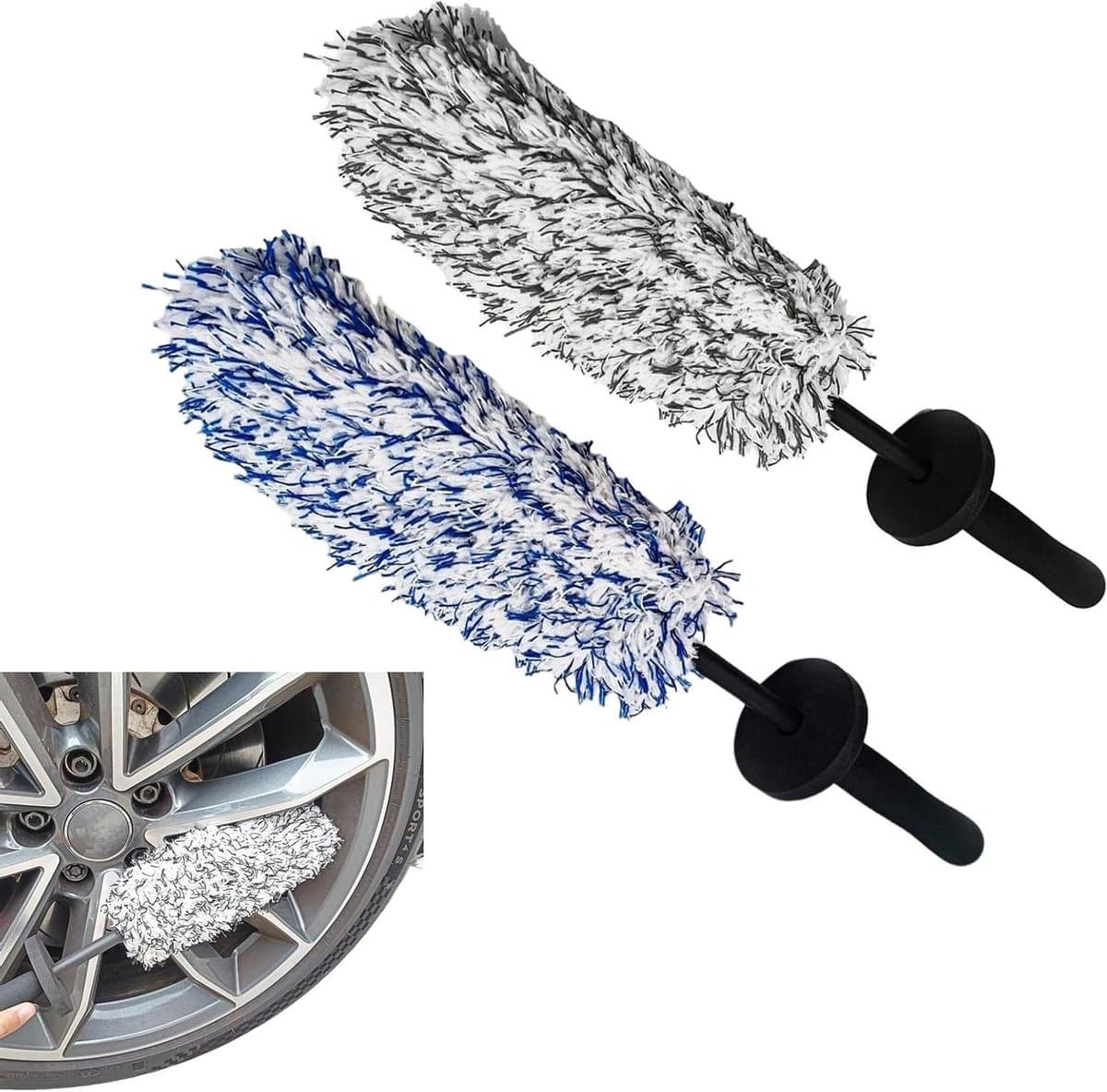 Velgenborstel Set - Microvezel Borstels - Auto Onderhoud - Zachte Diepe Reiniging - 43 cm Lengte - Zwart Wit Blauw