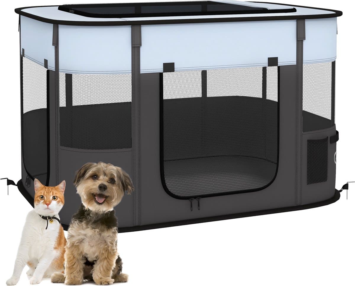 Opvouwbare speelbox voor honden - katten en kleine huisdieren - gemaakt van Oxford-stof met opbergruimte - 94 x 74 x 60 cm - grijs en zwart