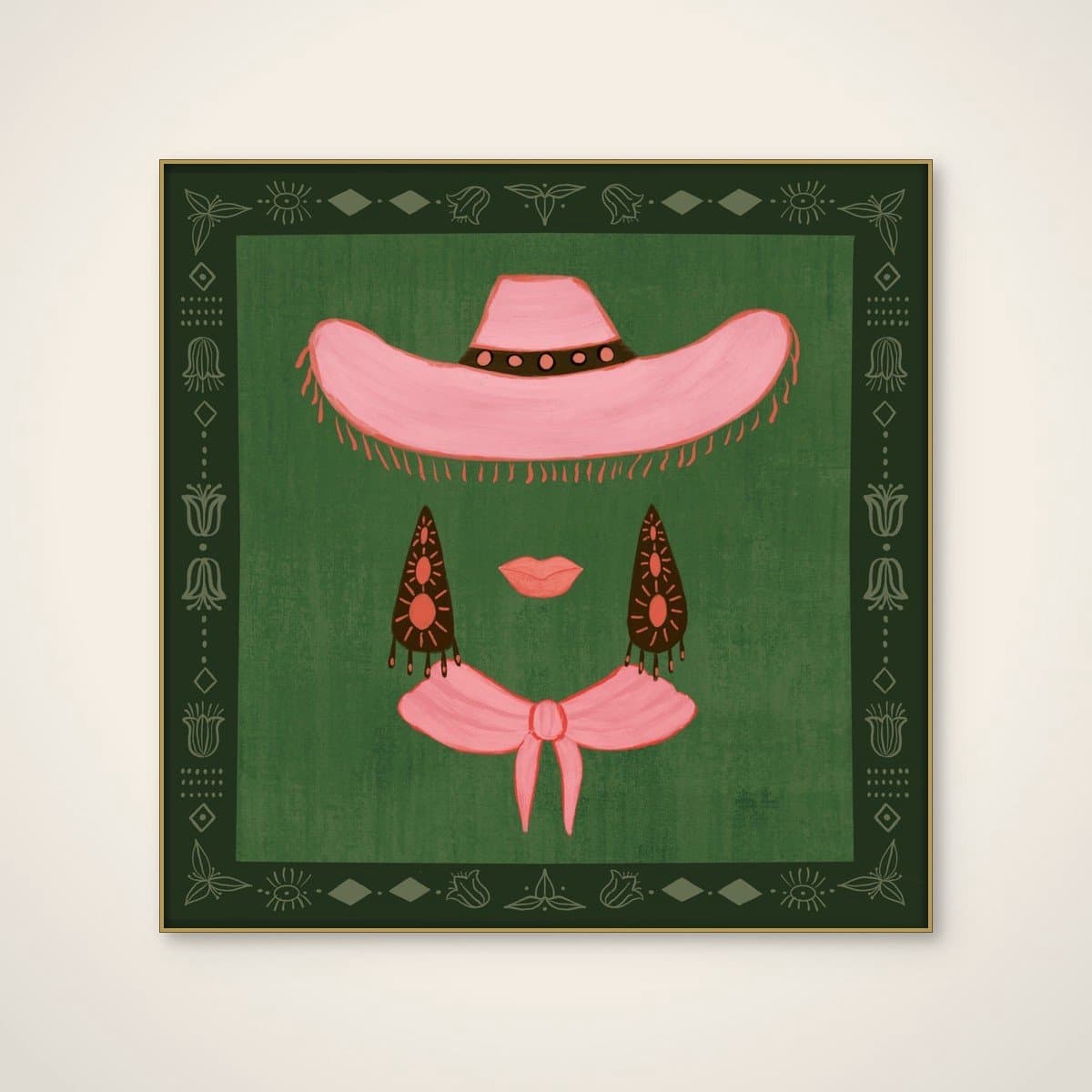 Akoestisch schilderij - 80 x 80 cm - Pink Cowgirl Chic van Aliya Putrus - Abstracte wanddecoratie - goud textielframe