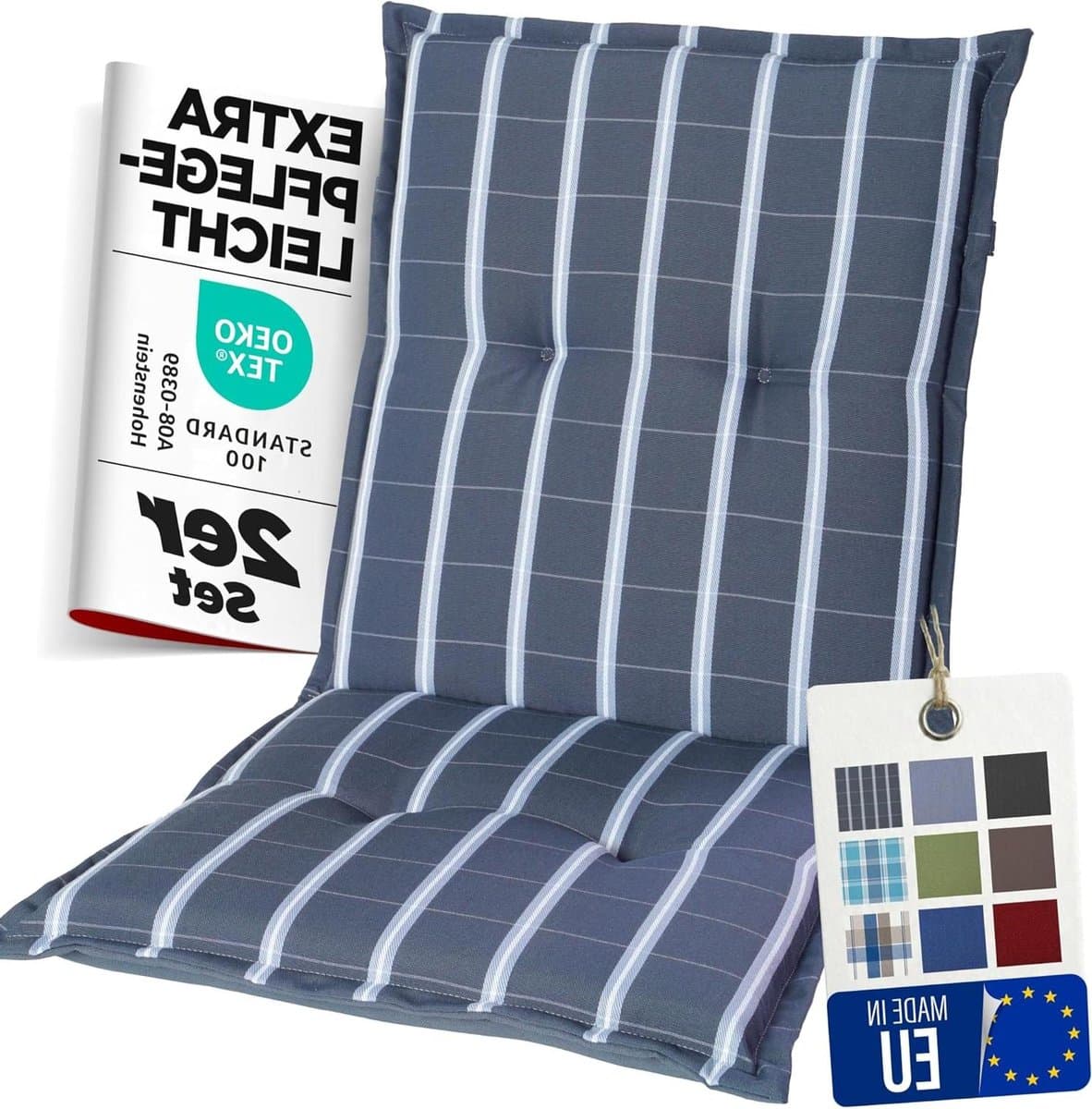 Tuinstoelkussens Set - Stoelkussens Lage Rug - Buiten Zitten Comfort - Extra Dikke Vulling - 6 cm Dikte - Grijs Geruit