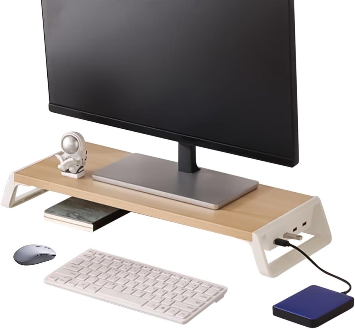 Monitor Verhoger - Bureau Organizer - Werkplek Organiseren - 4 USB Poorten - 50x20x7.5cm - Houtkleur