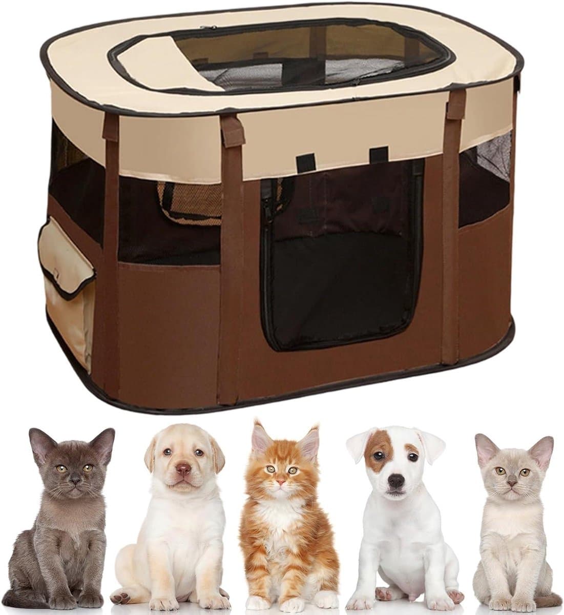 Opvouwbare huisdierenbox - Draagbare tent - Veilig verblijf - Ademend mesh - 50 x 40 x 75 cm - Koffie