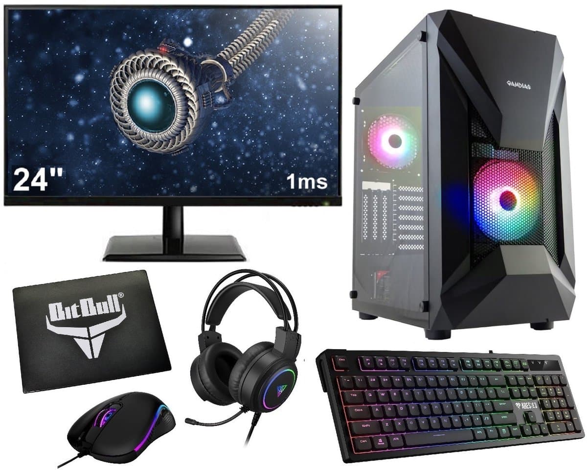 AMD Ryzen 5 RGB Budget Game PC SET COMPLEET met 24" 1ms Scherm - Toetsenbord en Muis - 16GB (2x8, 2933MHz) RAM - 1TB M.2 SSD - RX Vega 11 - WIFI - Windows 11 Pro