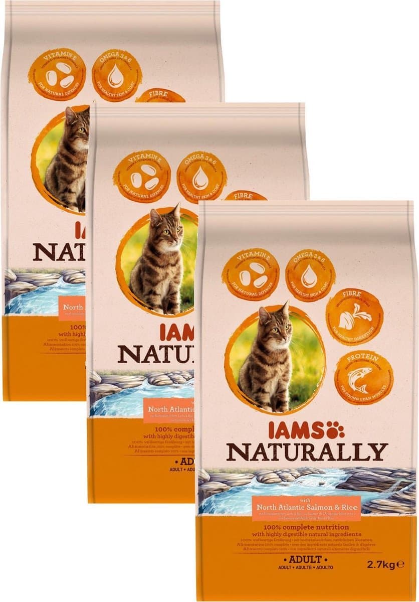 Iams Naturally Cat Adult Zalm&Rijst - Kattenvoer - 3 x 2.7 kg