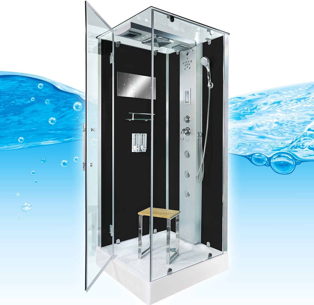Stoomcabine 90X90X215 Bastia. Luxe Stoomdouche, MENGKRAAN Uitvoering, Kit-Vrij, Zwart, Veiligheidsglas, LED, Radio, Speakers, Massage, Hoekmodel, Vierkant, Scharnierdeur, Douchebak, Afvoer, Sifon, A Kwaliteit, Full Options. Royal Sanitair