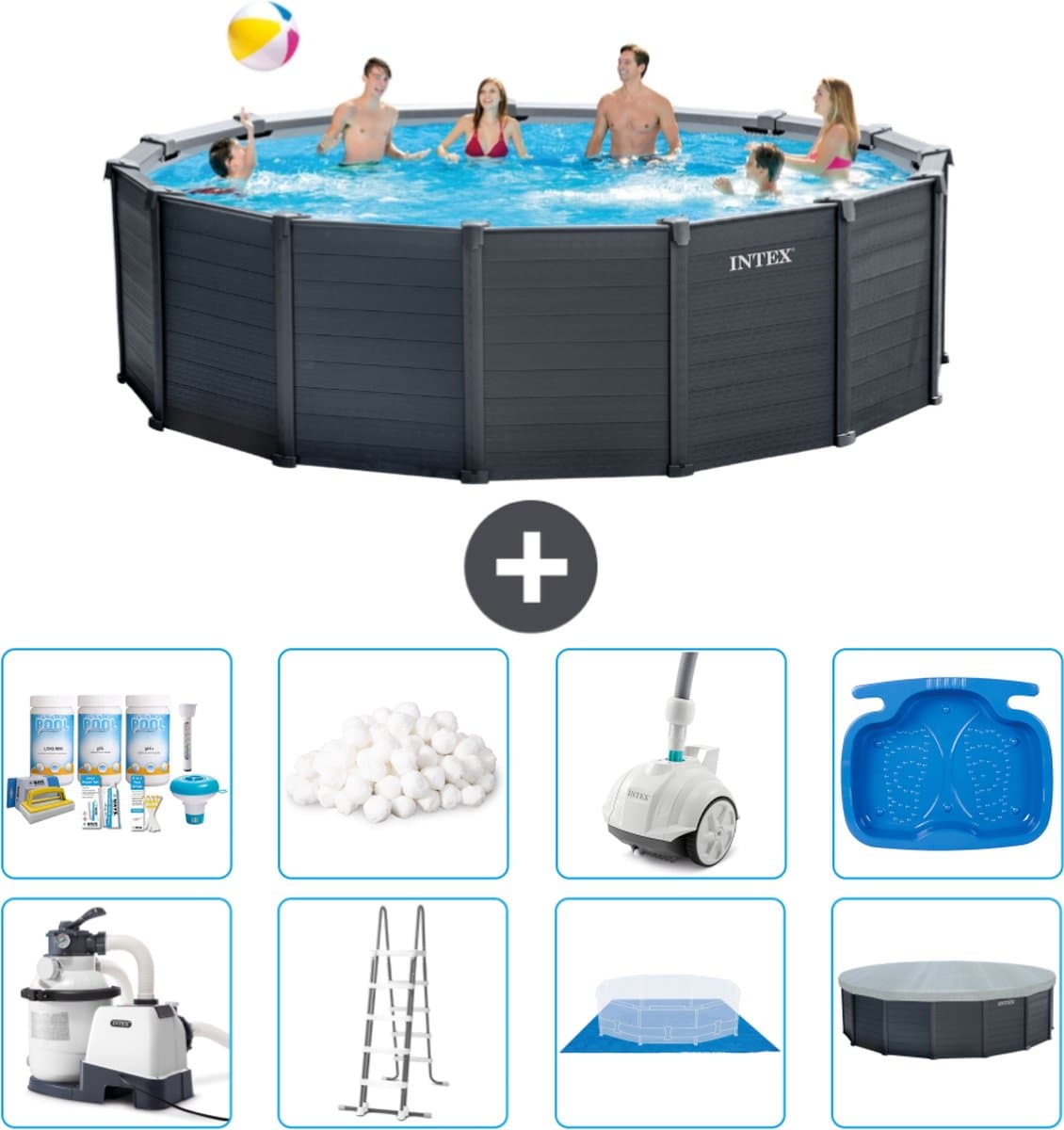 Intex Rond Graphite Gray Panel Zwembad - 478 x 124 cm - Inclusief Pomp - Ladder - Grondzeil - Afdekzeil Onderhoudspakket - Filterbollen - Stofzuiger - Voetenbad