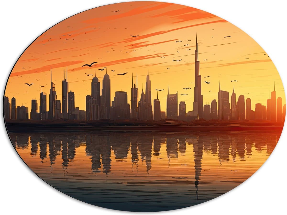 Dibond Ovaal - Stad - Gebouwen - Vogels - Zonsondergang - 80x60 cm Foto op Ovaal (Met Ophangsysteem)