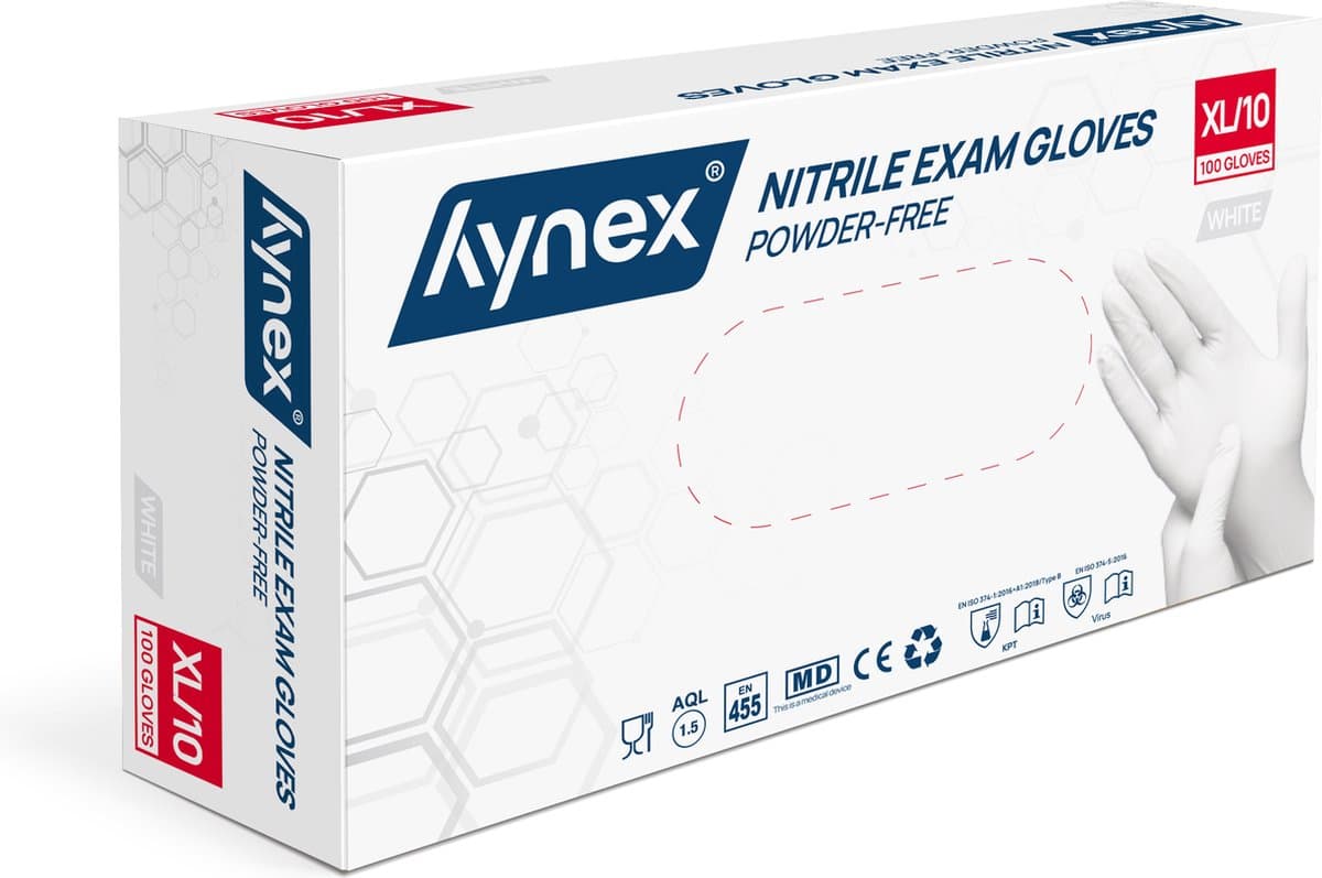 Hynex Nitril Wegwerphandschoenen – Maat XL – Wit – 100 Stuks – 3,5 Gram – Poedervrij & Latexvrij – Voor Zorg, Horeca & Schoonmaak