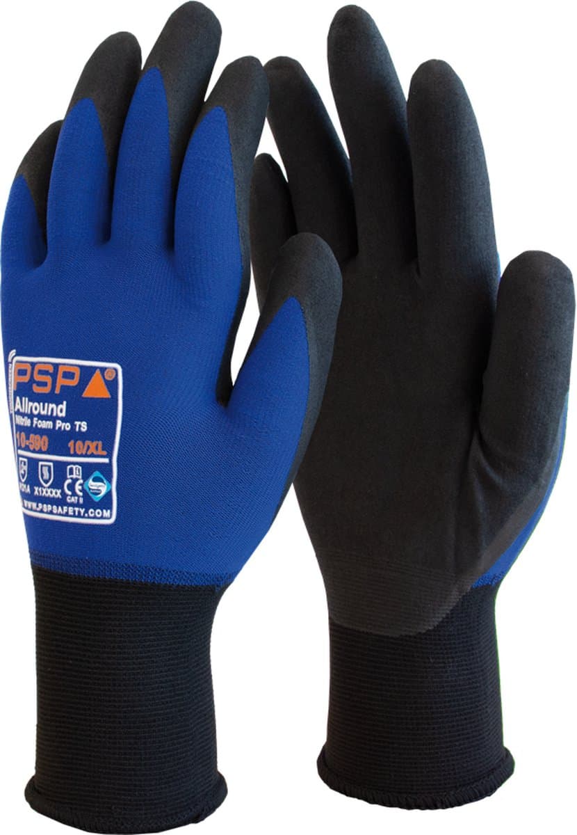 1x 12 paar - Werkhandschoenen PSP 10-590 Allround Nitrile Schuim Pro TS, Zwart / Blauw (per 12 paar), maat 7