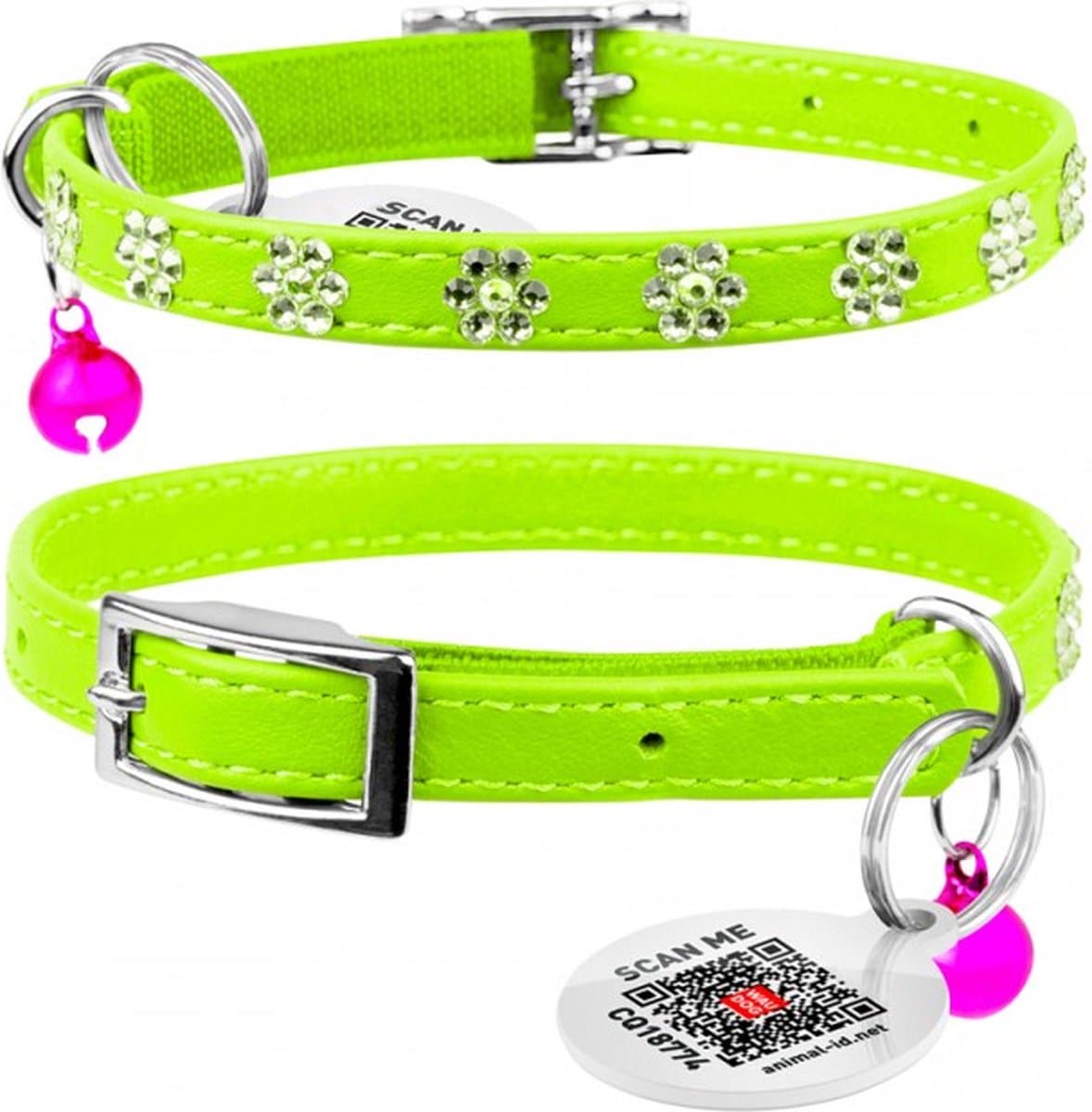 WAUDOG Glamour Flower Kattenhalsband - Echt Leder - Groen - Gratis QR-tag - XXS - Breedte: 9 mm - Nekomtrek: 22 - 30 cm (GELIEVE ALVORENS BESTELLEN OPMETEN)