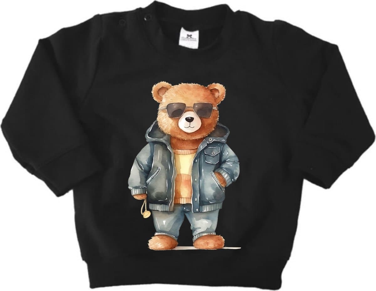 Trui jongen meisje - Sweater met print beer - Zwart - Stoere Sweater beer met zonnebril - Maat 98
