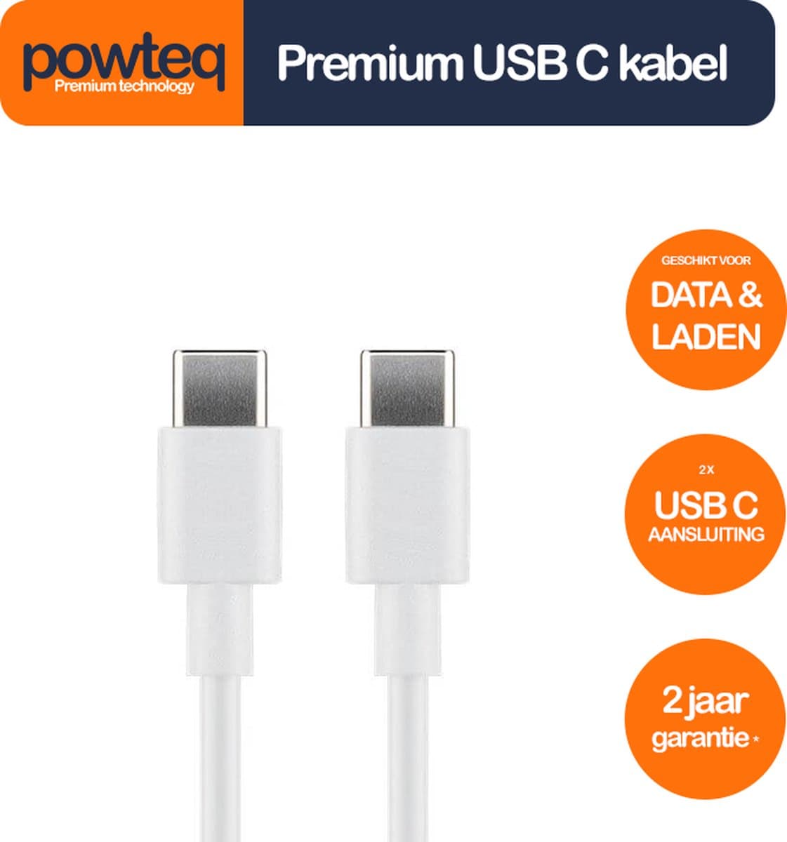 Powteq - 1 meter premium USB C kabel - USB 2.0 - Wit