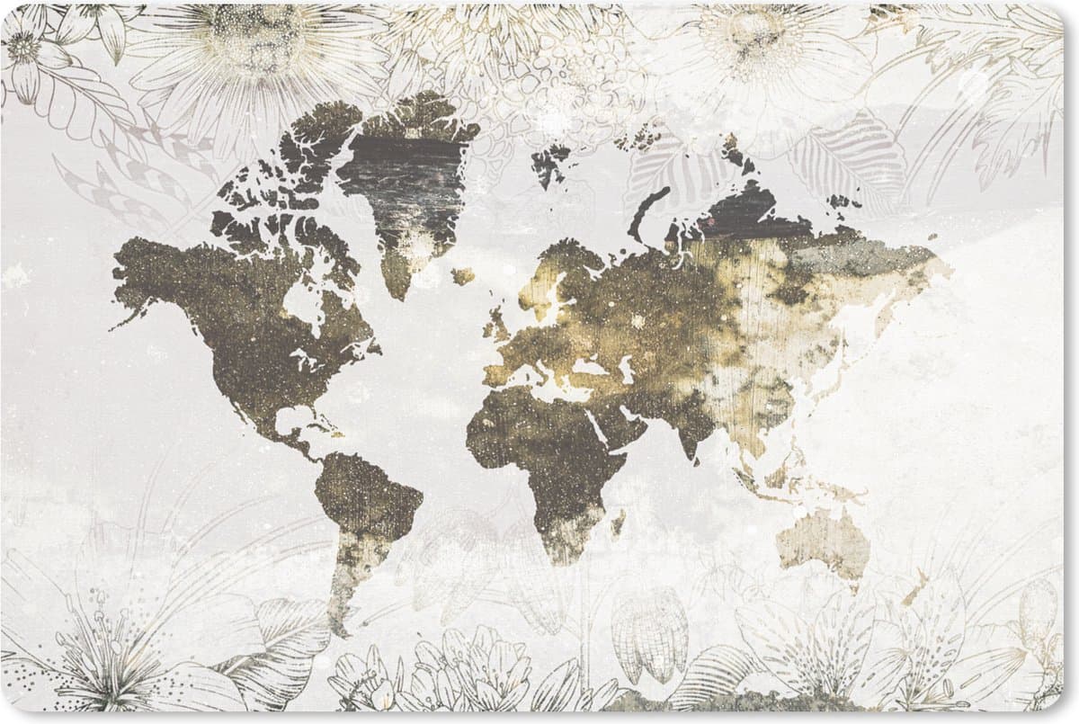 Muismat XXL 120x80 cm - Bureau onderlegger - Bureau mat Wereldkaart - Bloemen - Goud - Bureaumat - Gaming mousepad xl - Bureaulegger groot - Computer deskmat