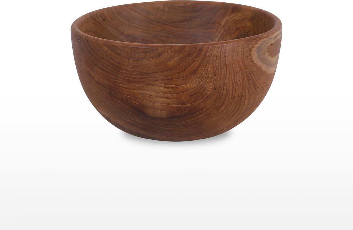 Set: Teakhouten Fruit / Sla schaal  - rond - Ø 33 cm / 15 cm hoog & Beeswax wood polish