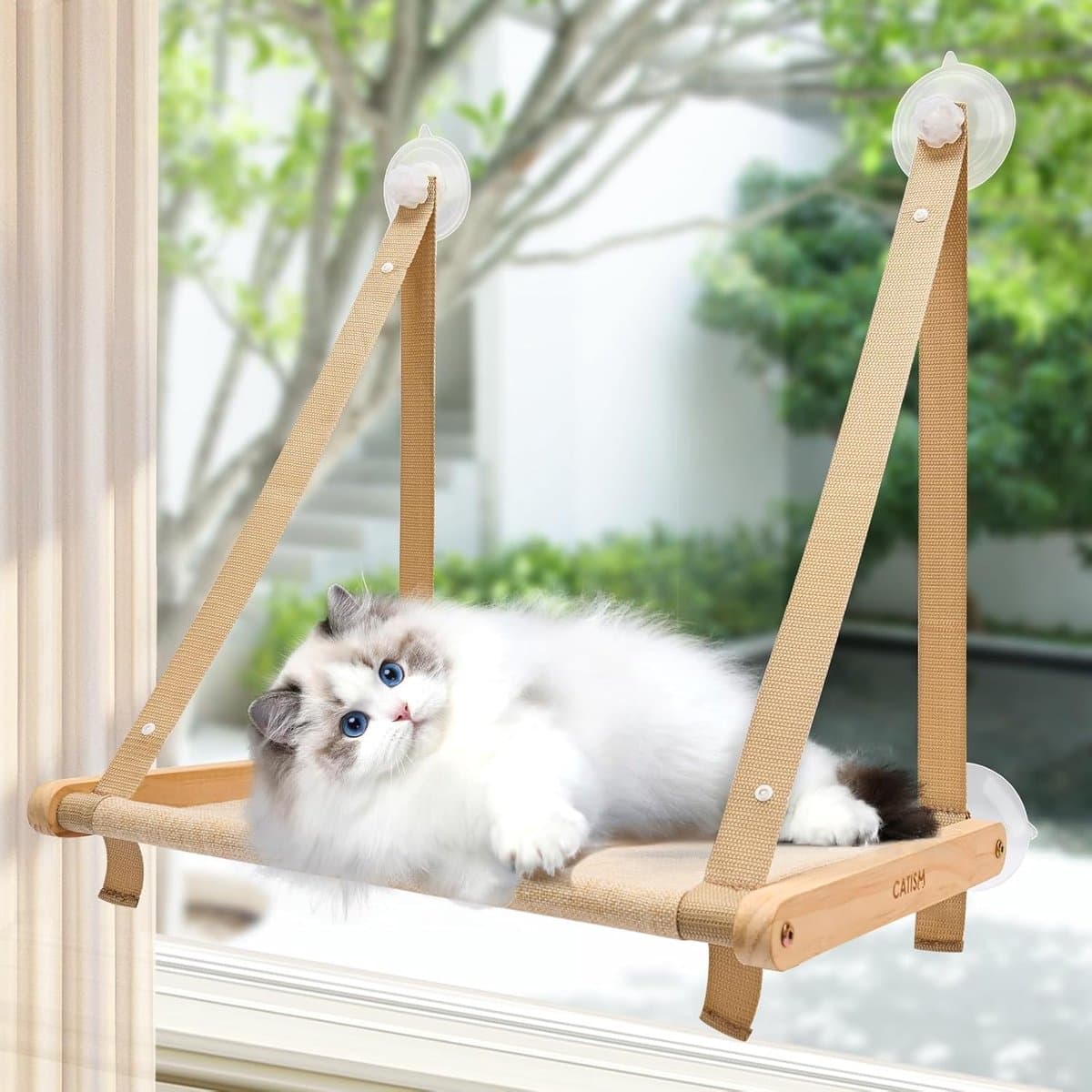 Candala Opvouwbare raam-kattenhangmat voor katten tot 20 kg, versterkte kattenhangmat met sterke zuignap, wasbare, ademende stof, vensterbankhouder, kattenslaapzak (50 x 38 cm)
