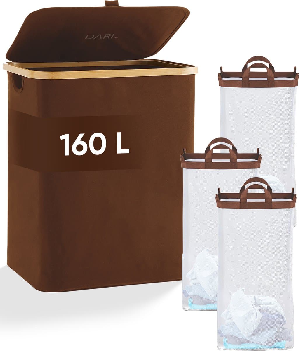 DARI. - Wasmand 3 vakken - Wassorteerder - 160L - met 3 uitneembare zakken - wasmand - bruin - knopen