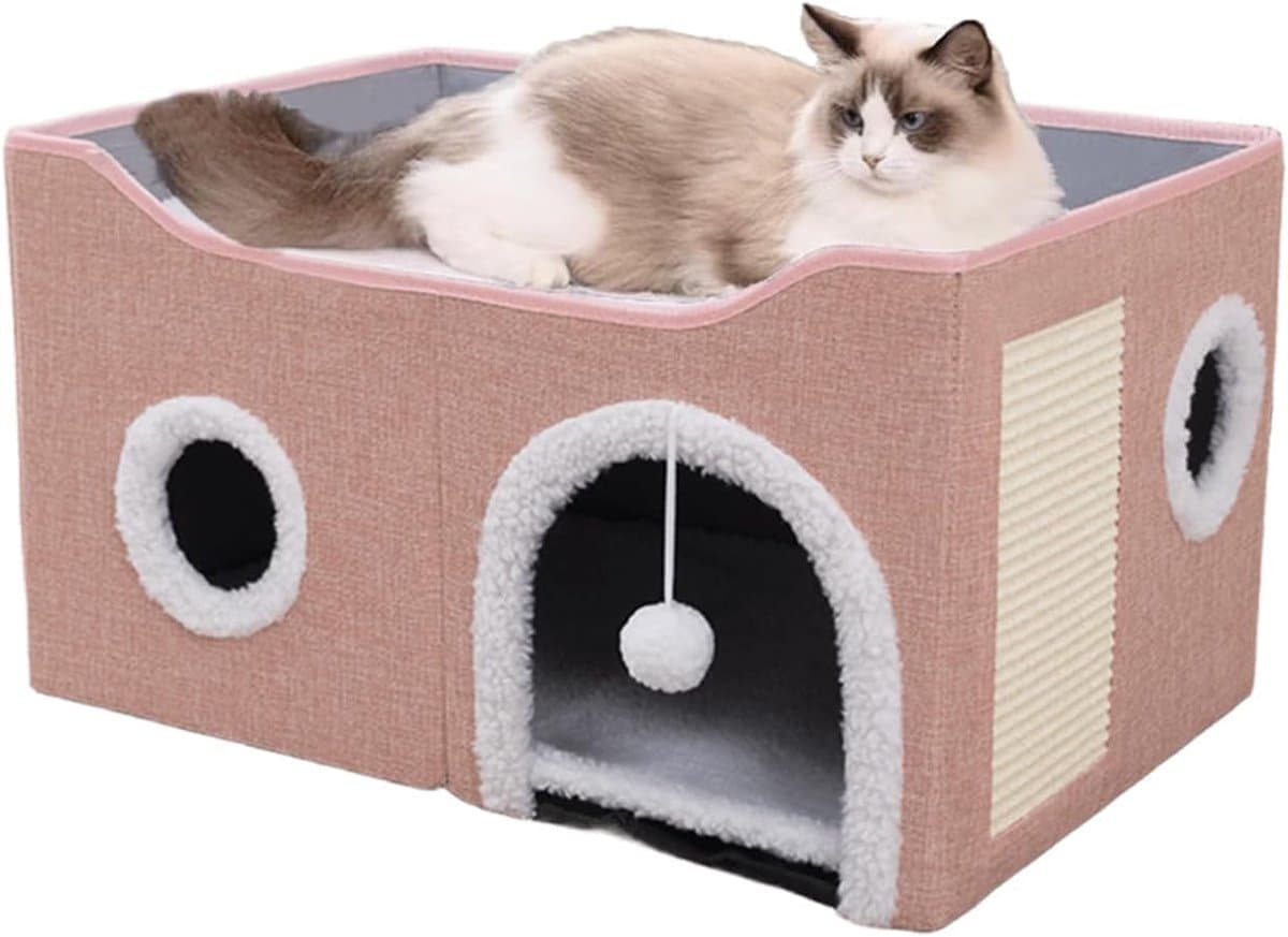 My Ninki ® Kattenhuis met Krabplank, Speelbal en Omkeerbare Kussens voor Optimaal Comfort en Plezier