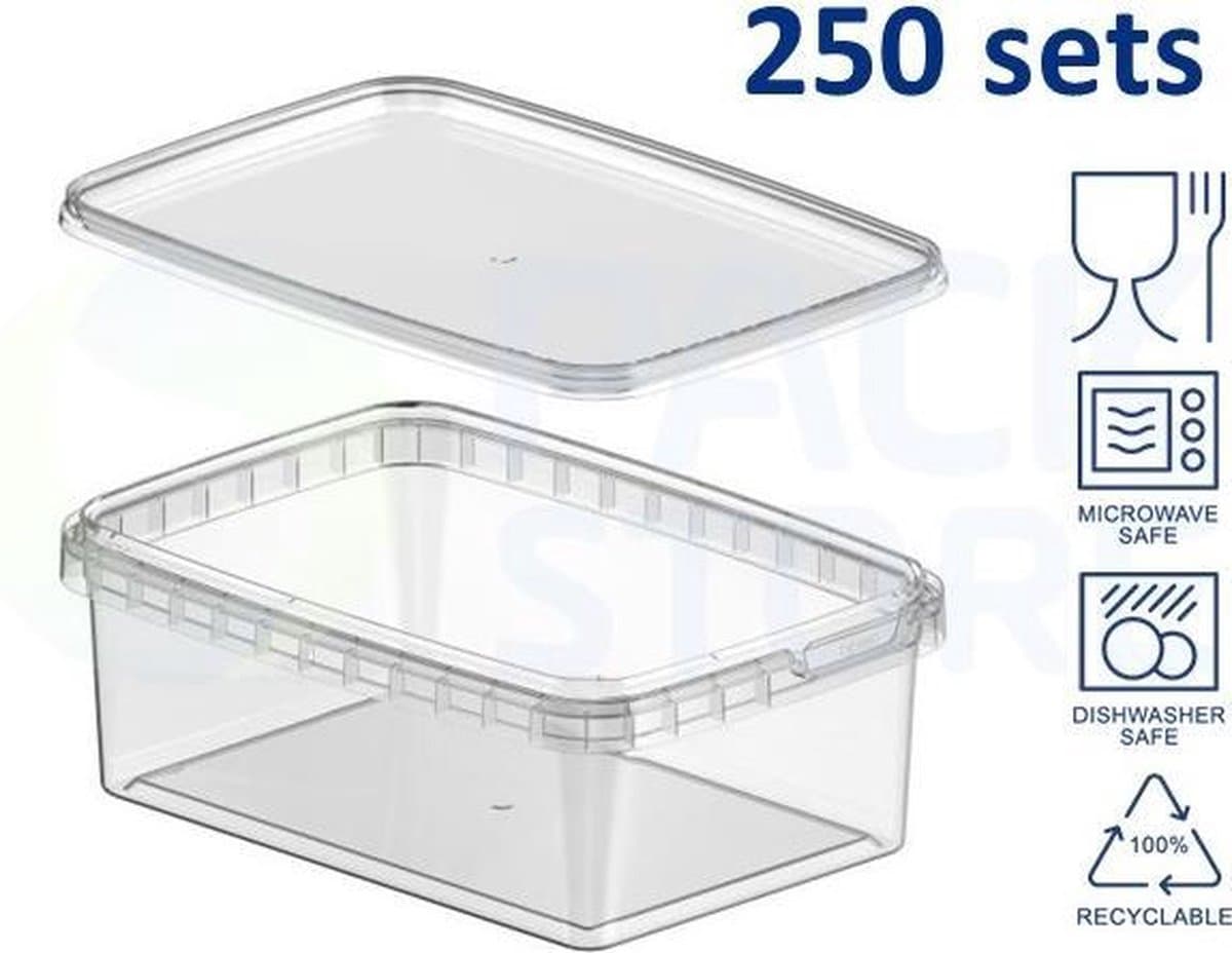250 x plastic bakjes met deksel - 425 ml - vershoudbakjes - meal prep bakjes - rechthoekig - transparant - geschikt voor diepvries, magnetron en vaatwasser - Nederlandse producent