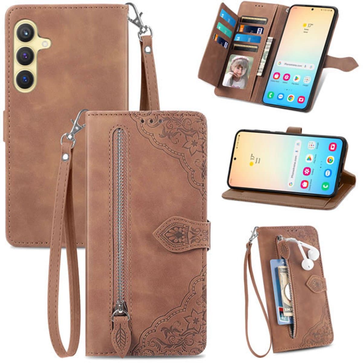 YPCd Portemonnee Bookcase Hoesje Geschikt voor Samsung Galaxy S25 Plus – PU Leren Wallet Flip Cover met Ritssluiting – Pasjesvakken & Polsbandje – Standfunctie – Bloemen – Bruin