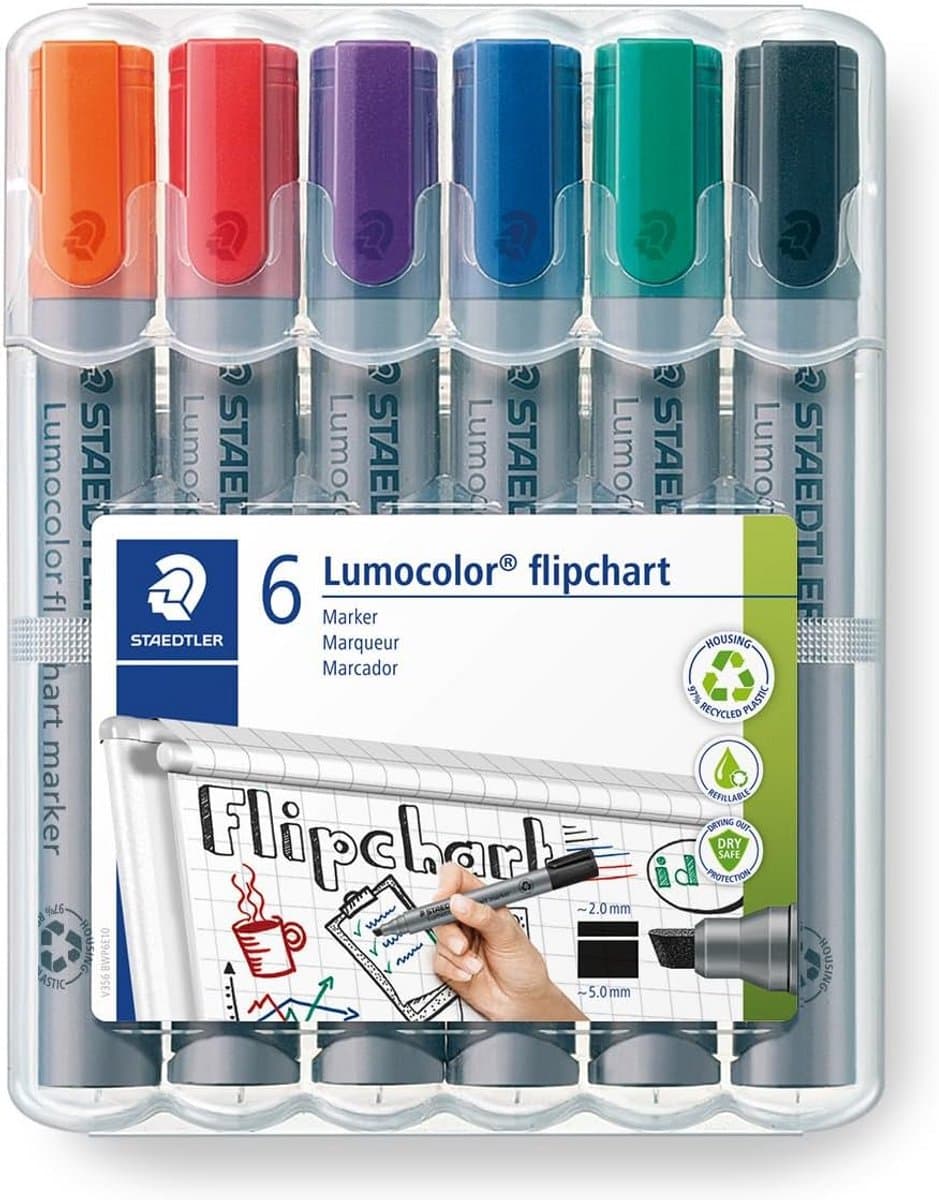 Flipchart Markers Set van 6 Kleuren, Reukloos en Navulbaar met Wigvormige Punt, Hoogwaardige Kwaliteit