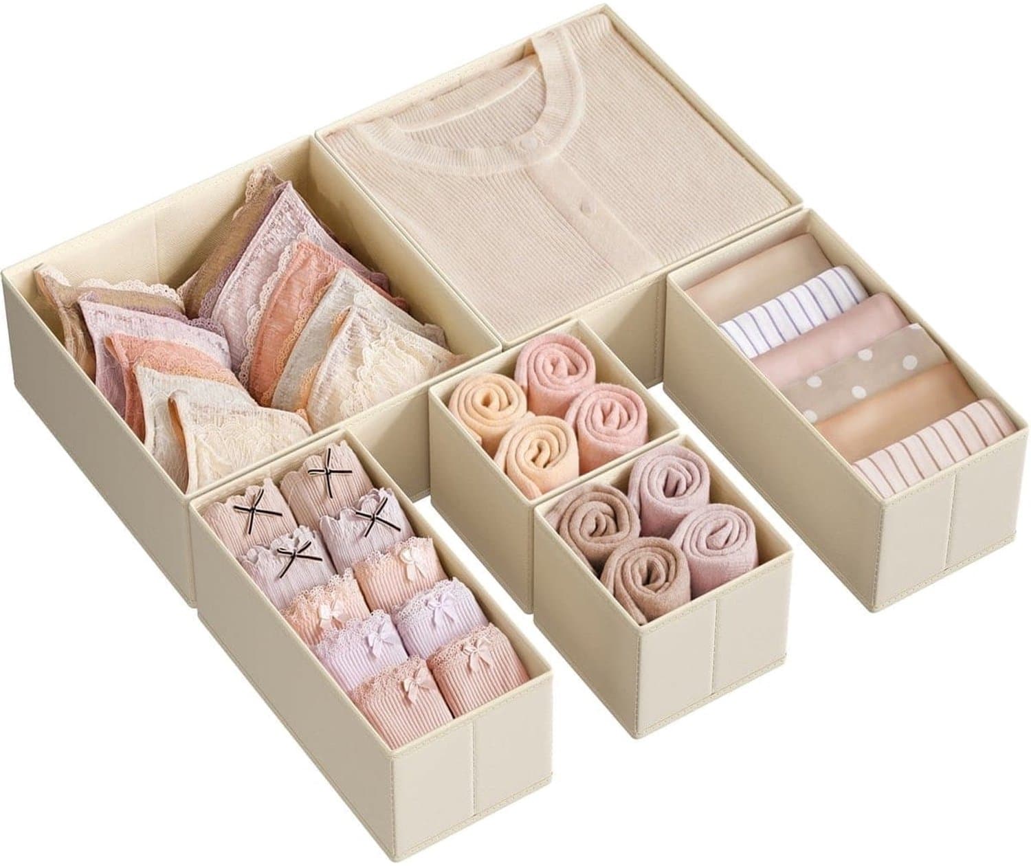 Klarven® Ladeorganizer Zandbeige - Ladeorganizers - Set van 6 Opbergboxen - Voor Ondergoed, Sokken en Accessoires in de Lade